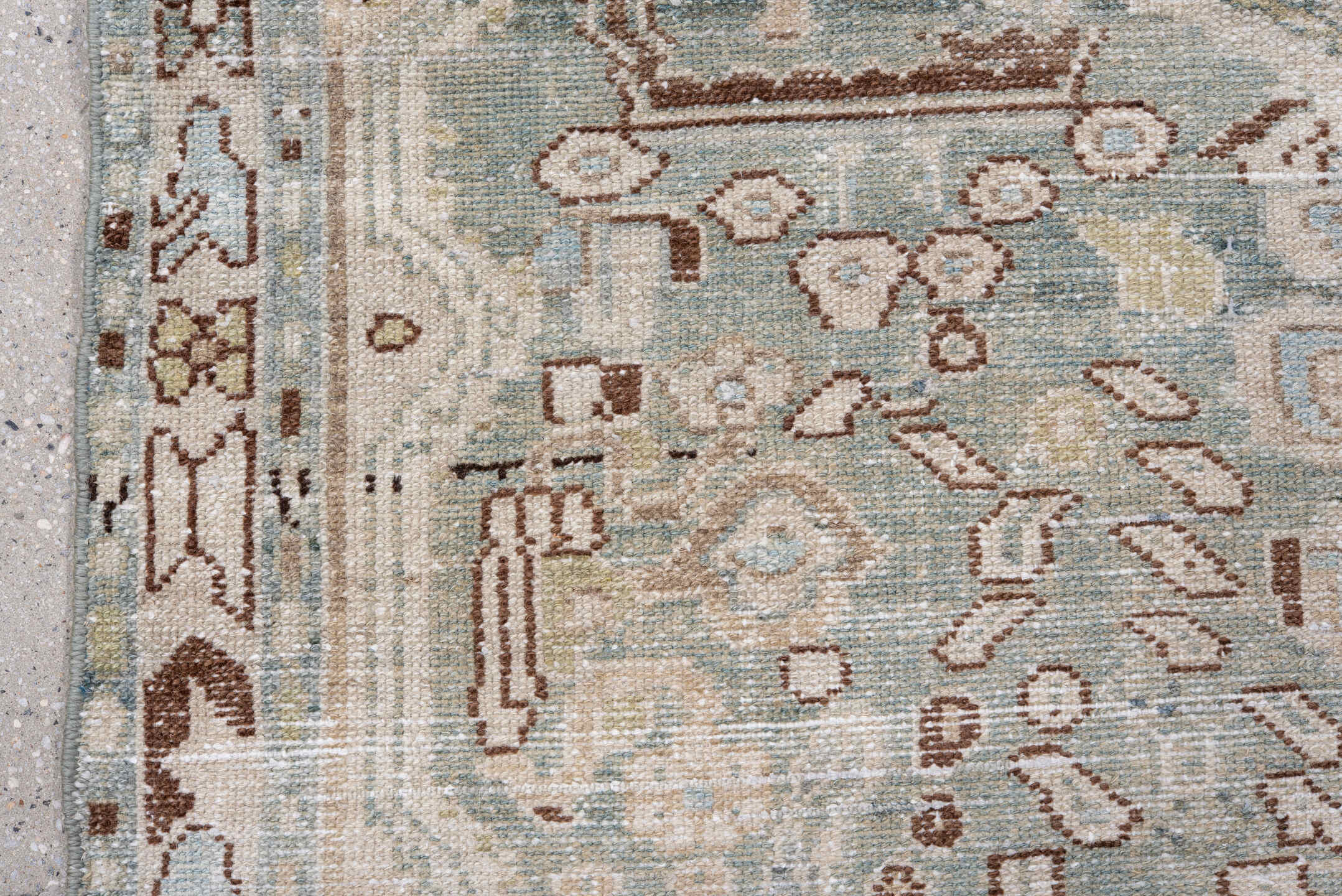 4' x 6' one-of-a-kind handmade antique Hamadan small size rug. Color palette: ivory, pale blue, taupe, brown, camel, sage