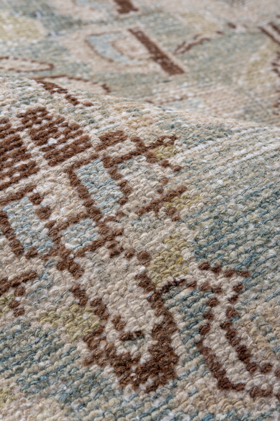 4' x 6' one-of-a-kind handmade antique Hamadan small size rug. Color palette: ivory, pale blue, taupe, brown, camel, sage