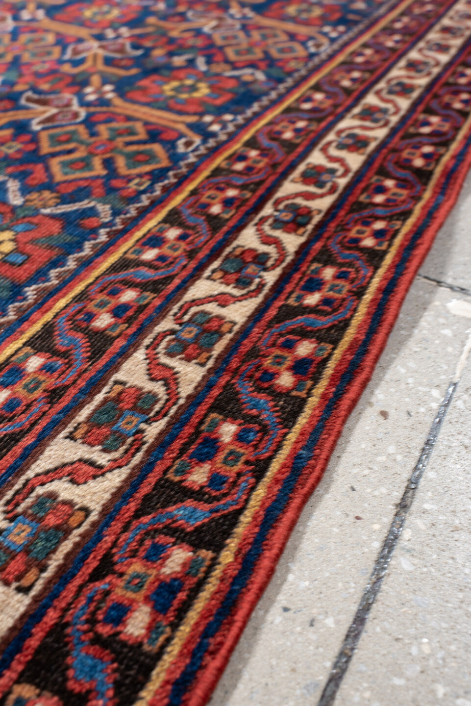 4' x 6' one-of-a-kind handmade antique Afshar small size rug. Color palette: indigo, rust, ivory, navy, camel, sage