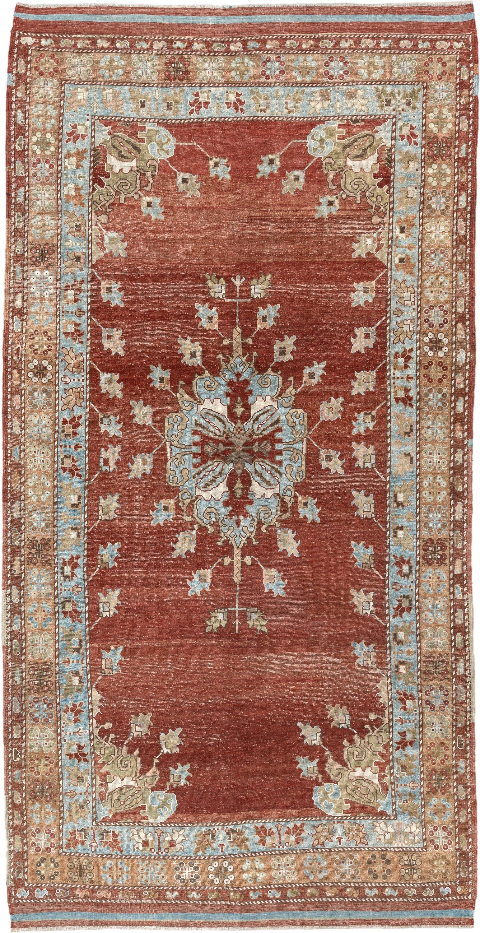5' x 10' one-of-a-kind handmade vintage Anatolian medium size rug. Color palette: terracotta, sky blue, ivory, camel, taupe