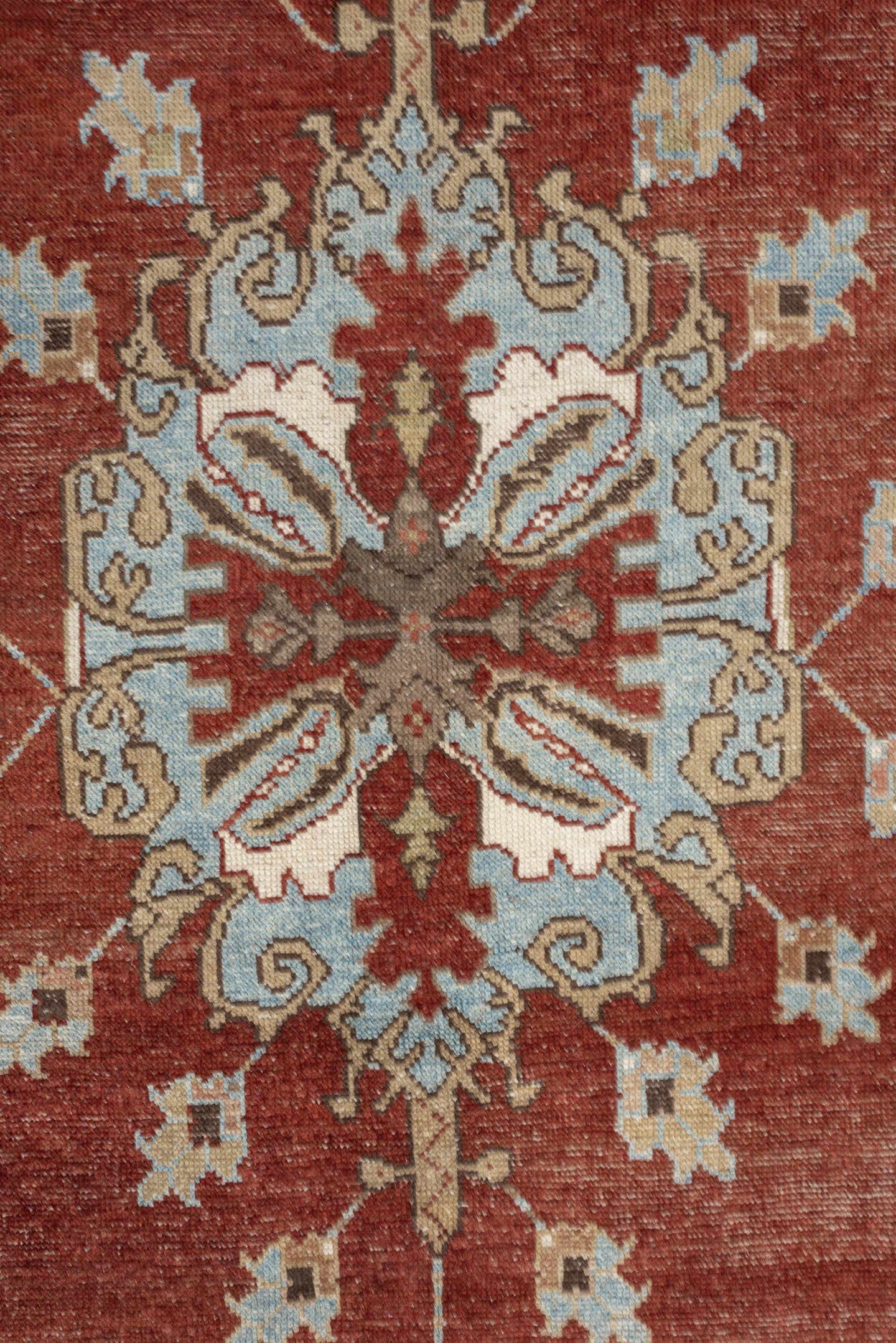 5' x 10' one-of-a-kind handmade vintage Anatolian medium size rug. Color palette: terracotta, sky blue, ivory, camel, taupe