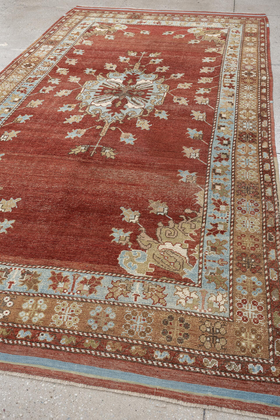 5' x 10' one-of-a-kind handmade vintage Anatolian medium size rug. Color palette: terracotta, sky blue, ivory, camel, taupe