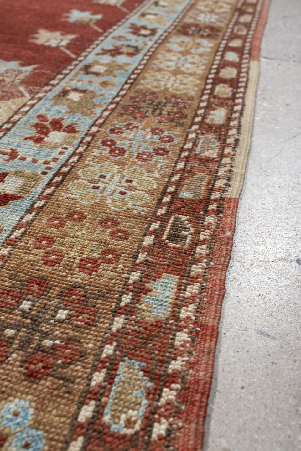 5' x 10' one-of-a-kind handmade vintage Anatolian medium size rug. Color palette: terracotta, sky blue, ivory, camel, taupe
