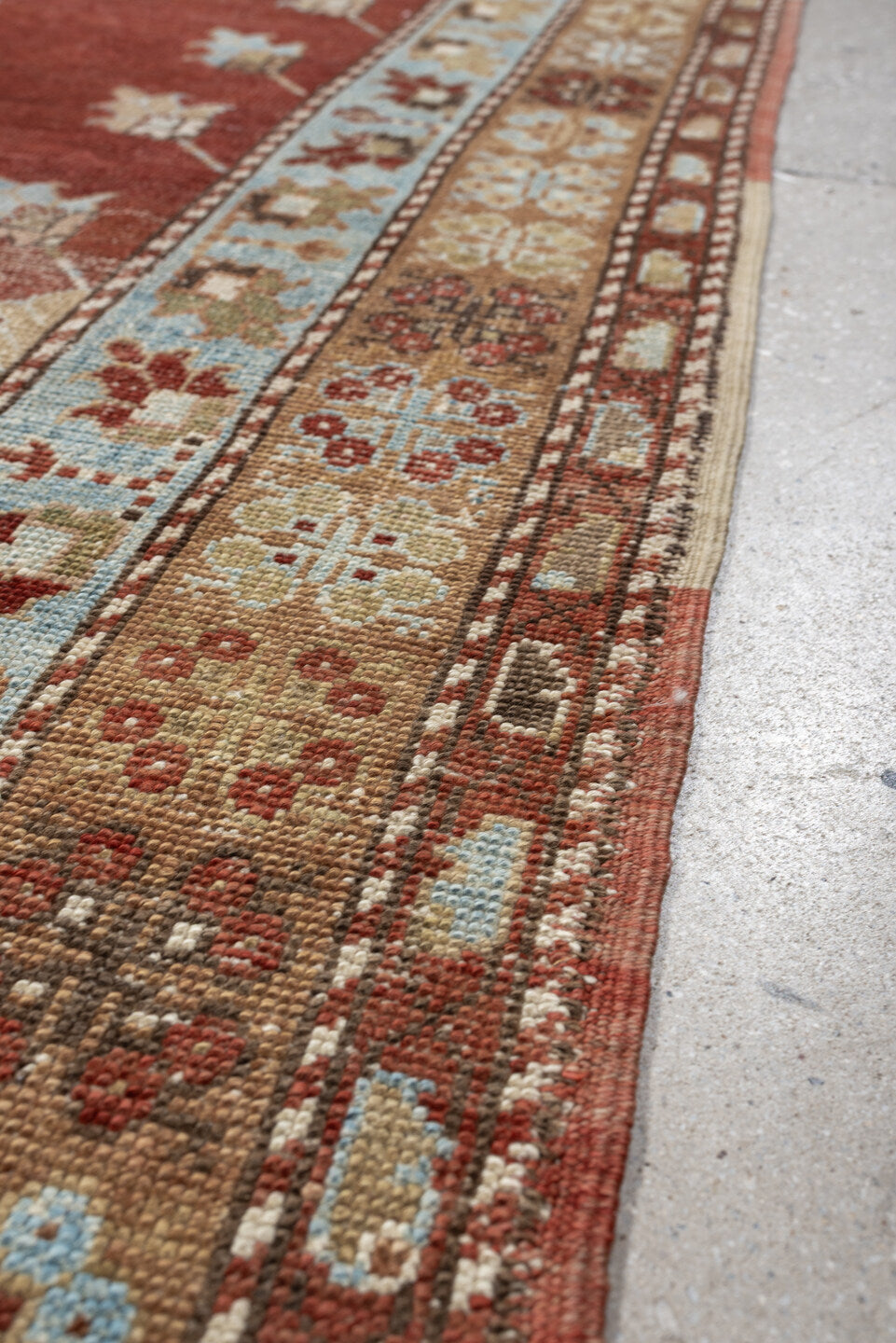 5' x 10' one-of-a-kind handmade vintage Anatolian medium size rug. Color palette: terracotta, sky blue, ivory, camel, taupe