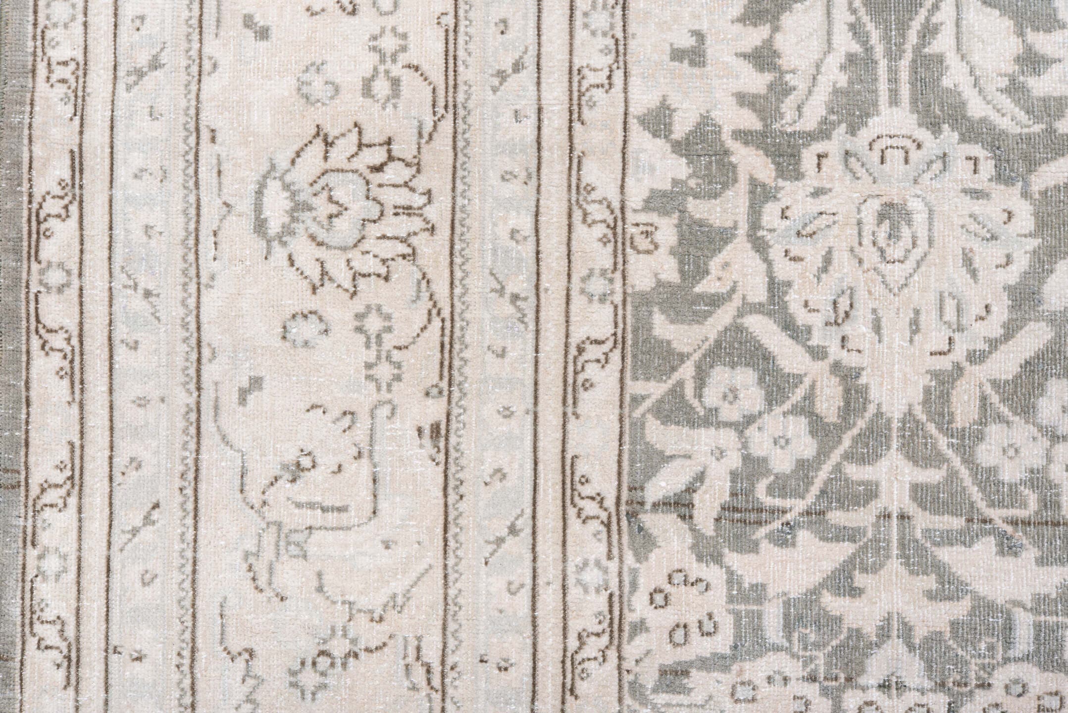 6' x 9' one-of-a-kind handmade antique Sivas medium size rug. Color palette: ivory, taupe, silver, gray, beige, camel