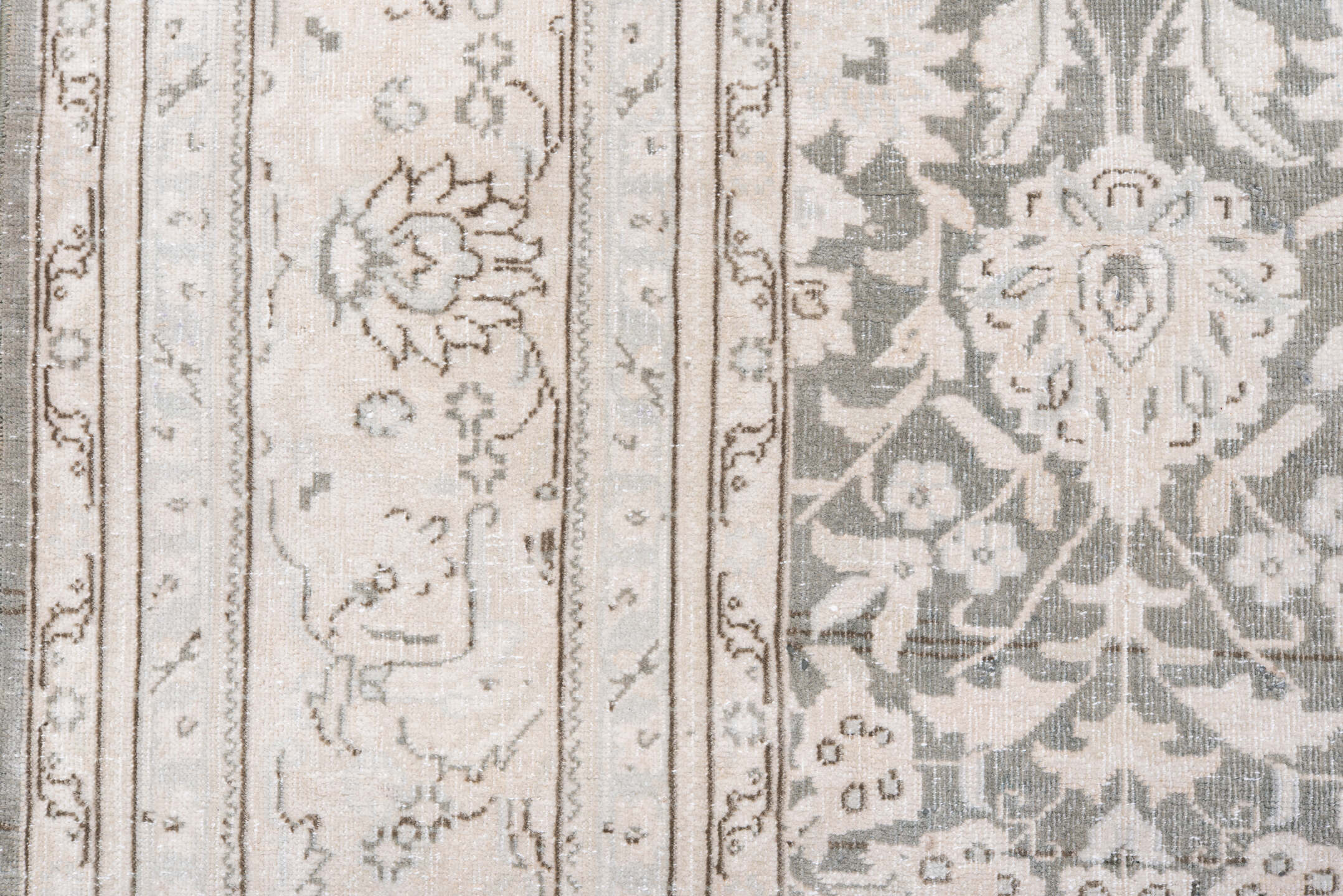 6' x 9' one-of-a-kind handmade antique Sivas medium size rug. Color palette: ivory, taupe, silver, gray, beige, camel