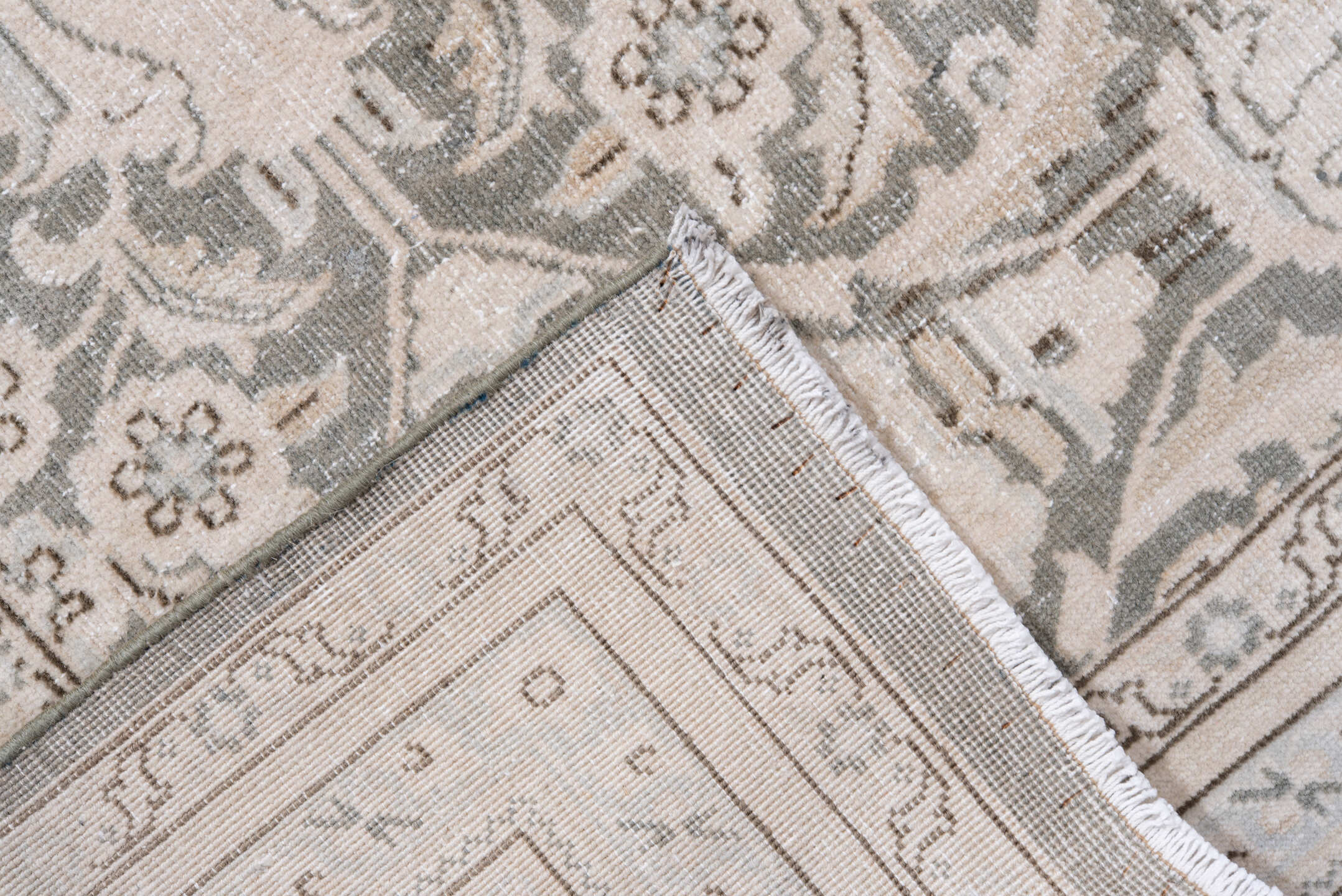 6' x 9' one-of-a-kind handmade antique Sivas medium size rug. Color palette: ivory, taupe, silver, gray, beige, camel