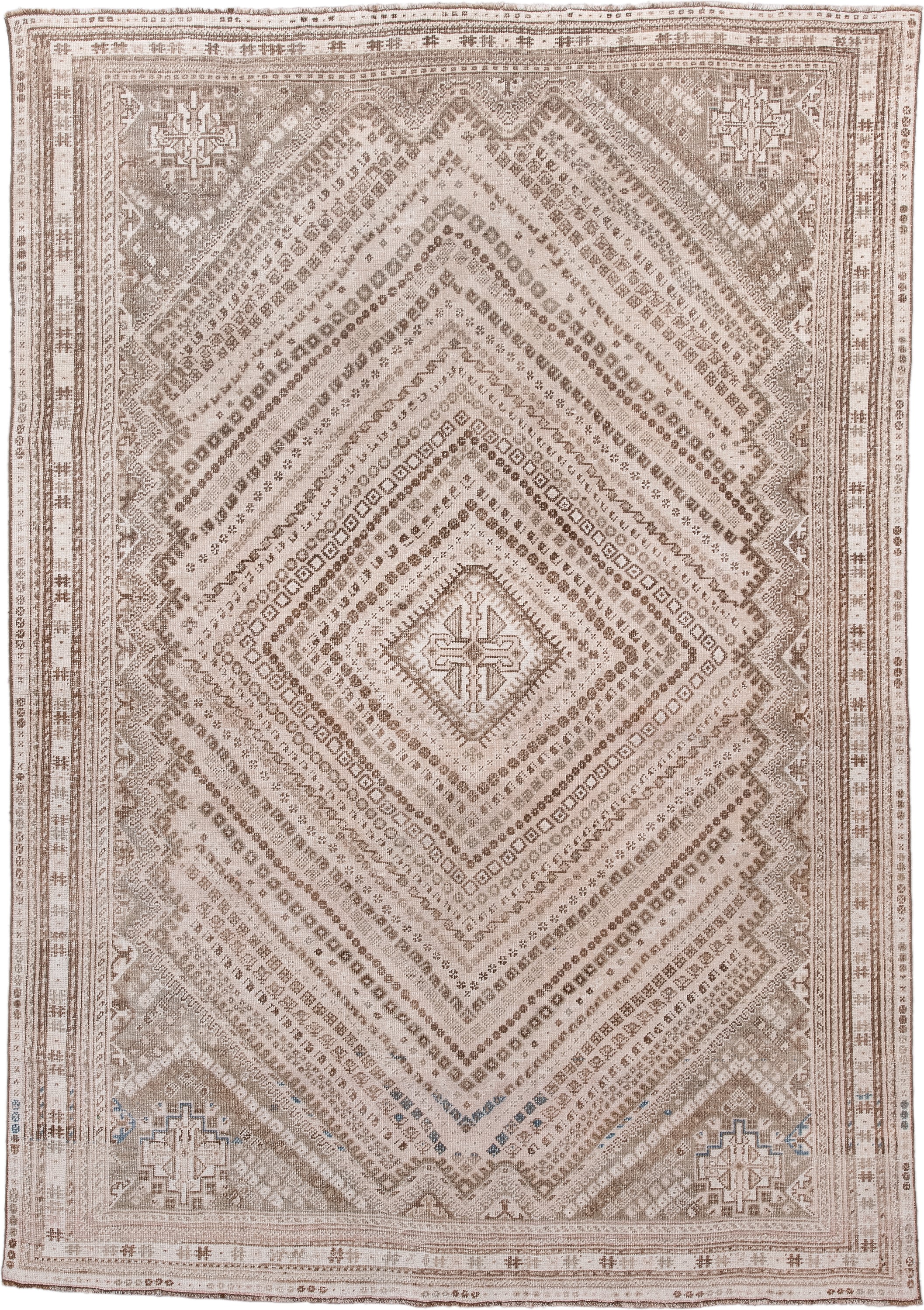 6' x 9' one-of-a-kind handmade antique Shiraz medium size rug. Color palette: ivory, taupe, beige, camel, brown, slate, gray