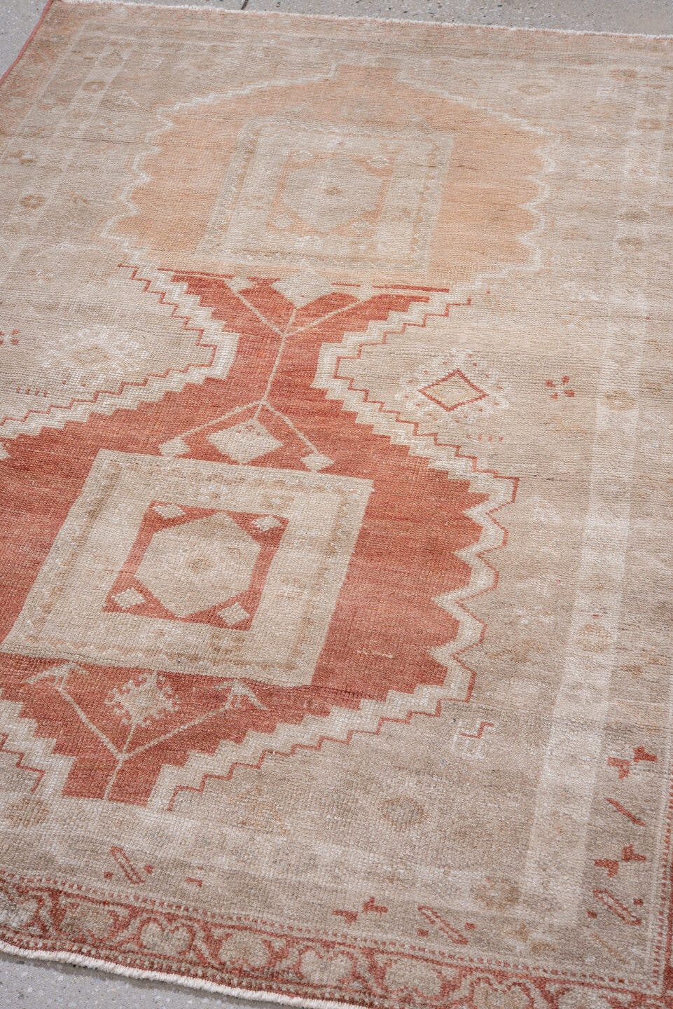 3' x 5' one-of-a-kind handmade vintage Anatolian small size rug. Color palette: ivory, terra cotta, peach, beige, sand