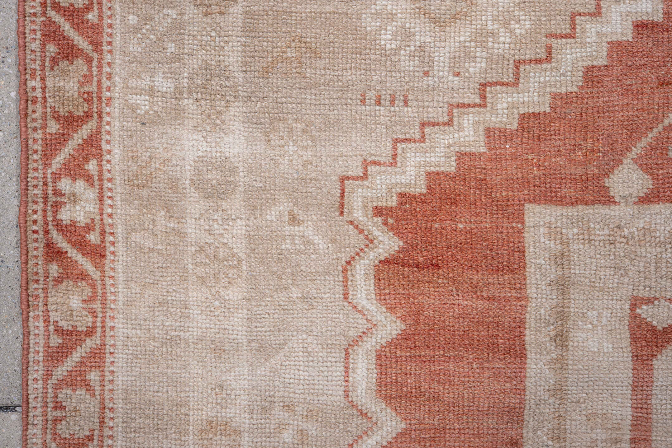 3' x 5' one-of-a-kind handmade vintage Anatolian small size rug. Color palette: ivory, terra cotta, peach, beige, sand
