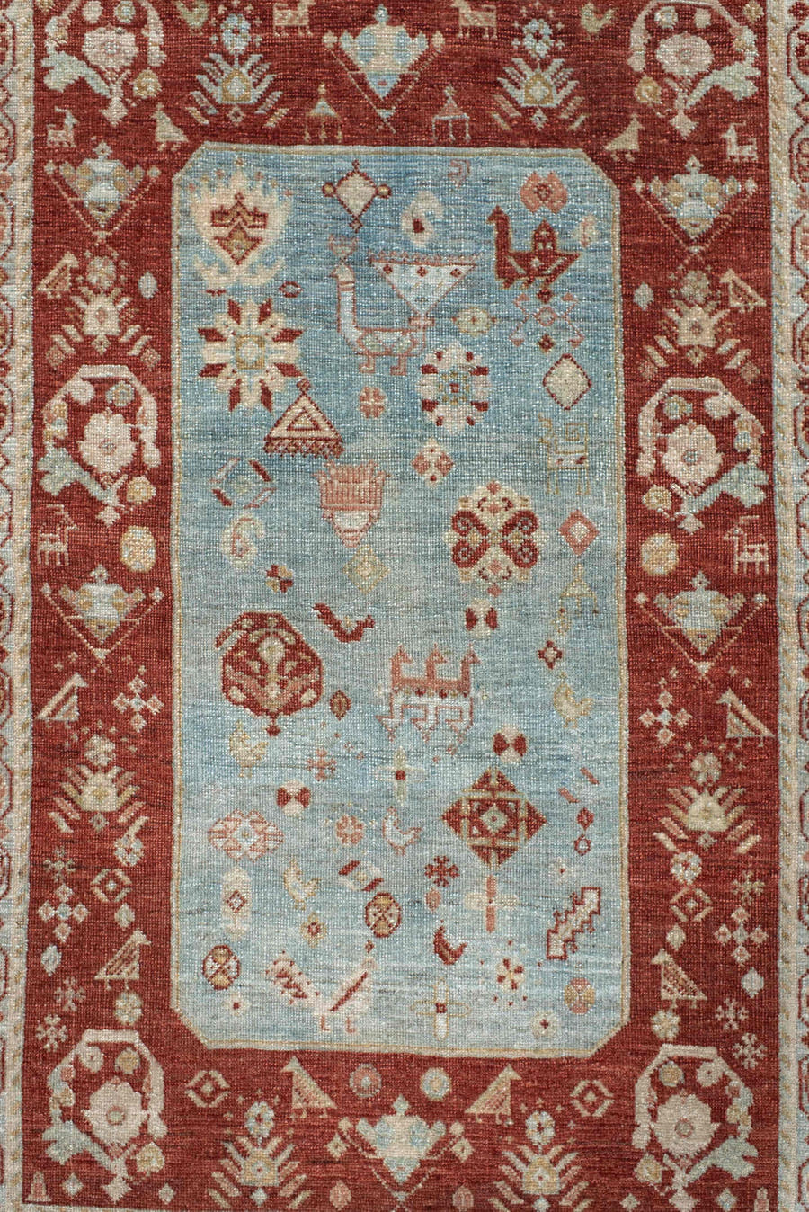 2' x 3' one-of-a-kind handmade antique Qashqai small size rug. Color palette: rust, light blue, ivory, camel, taupe
