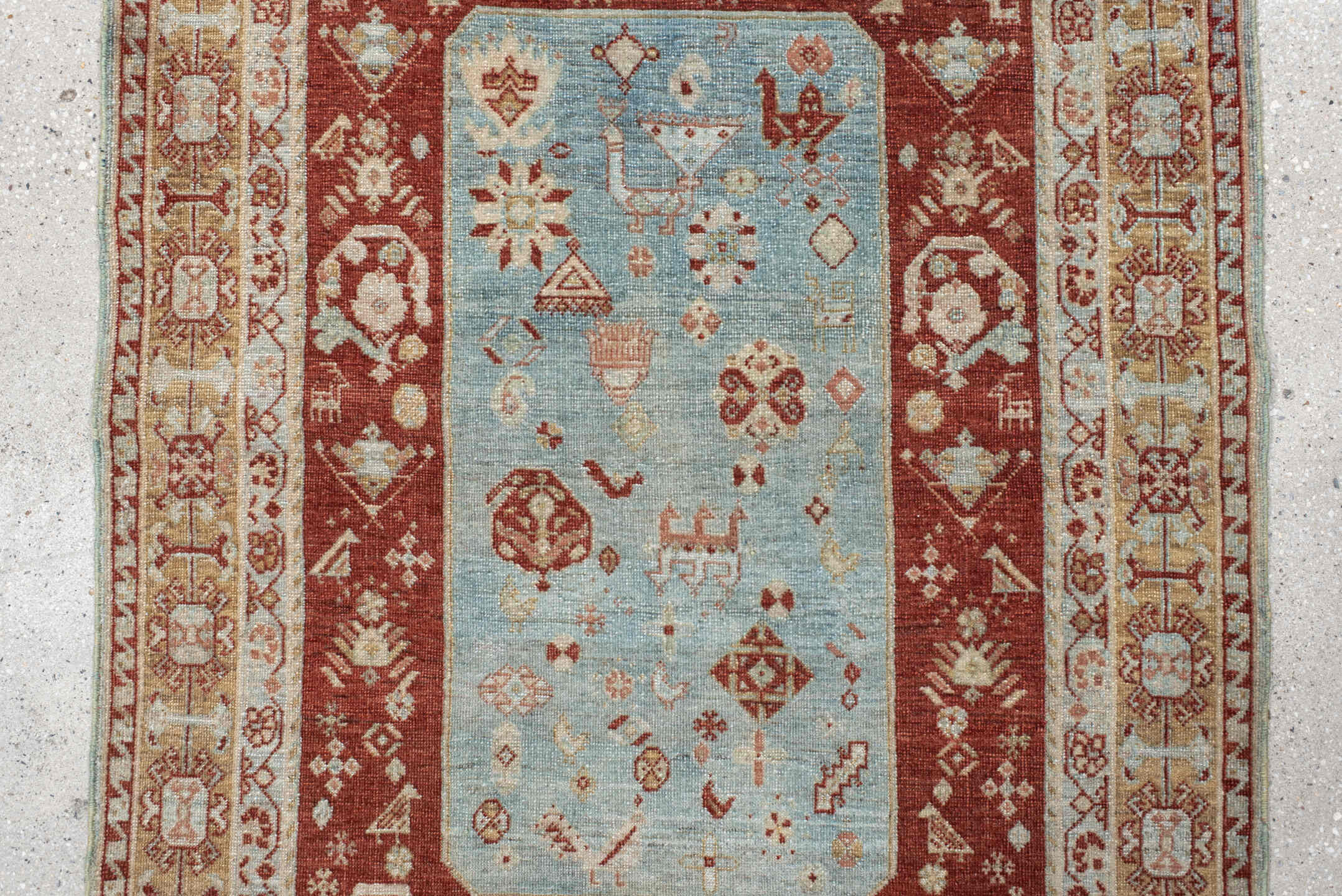 2' x 3' one-of-a-kind handmade antique Qashqai small size rug. Color palette: rust, light blue, ivory, camel, taupe