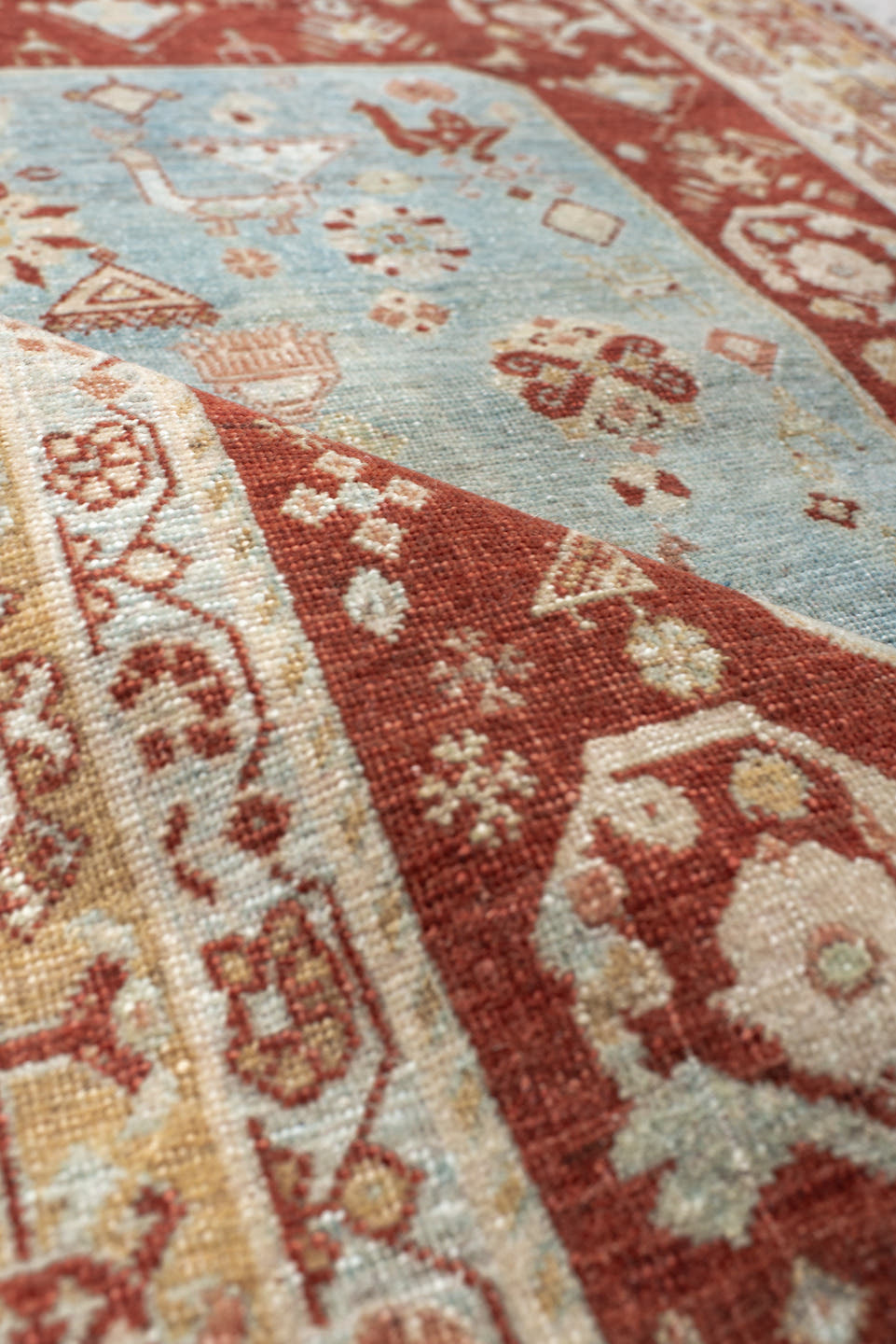 2' x 3' one-of-a-kind handmade antique Qashqai small size rug. Color palette: rust, light blue, ivory, camel, taupe