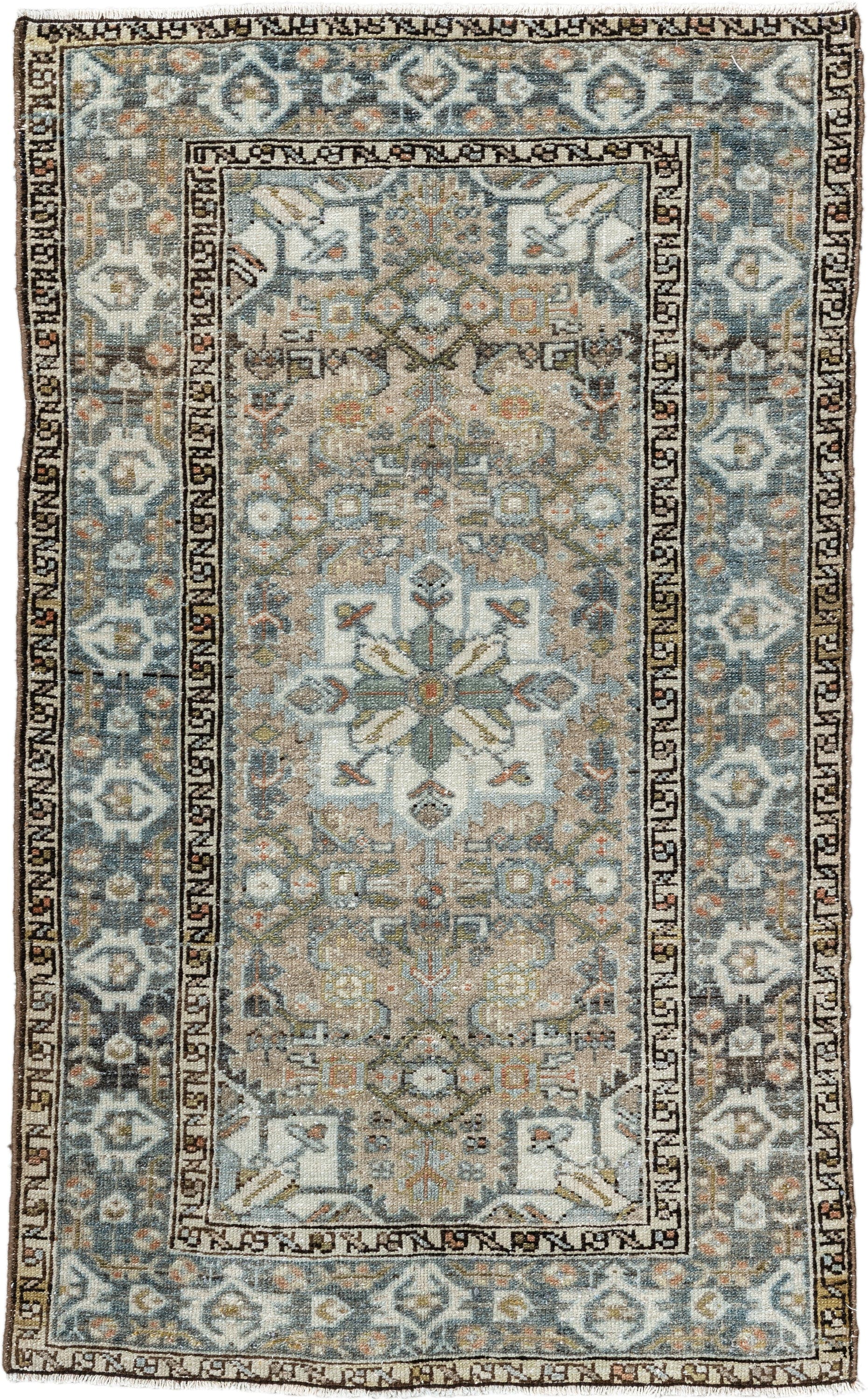 2' x 4' one-of-a-kind handmade vintage Malayer small size rug. Color palette: ivory, sky blue, taupe, charcoal, camel, sage