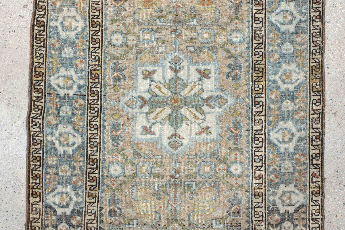 2' x 4' one-of-a-kind handmade vintage Malayer small size rug. Color palette: ivory, sky blue, taupe, charcoal, camel, sage