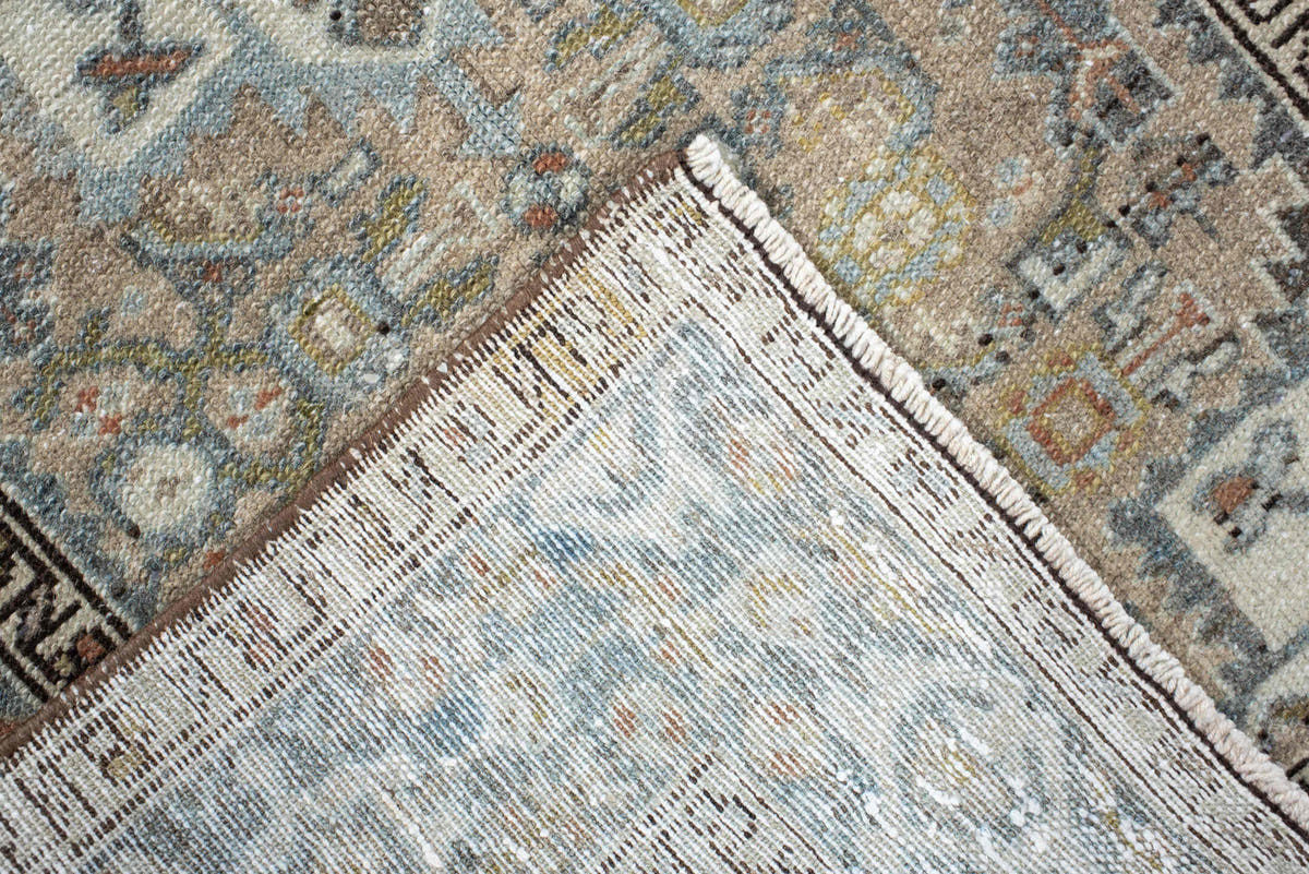 2' x 4' one-of-a-kind handmade vintage Malayer small size rug. Color palette: ivory, sky blue, taupe, charcoal, camel, sage