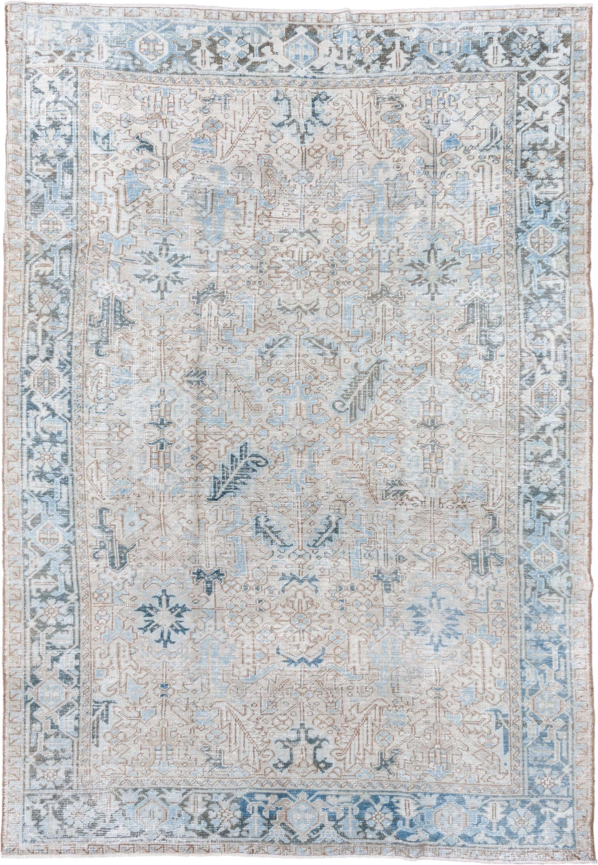 7' x 11' one-of-a-kind handmade vintage Heriz large size rug. Color palette: ivory, pale blue, taupe, slate, cream