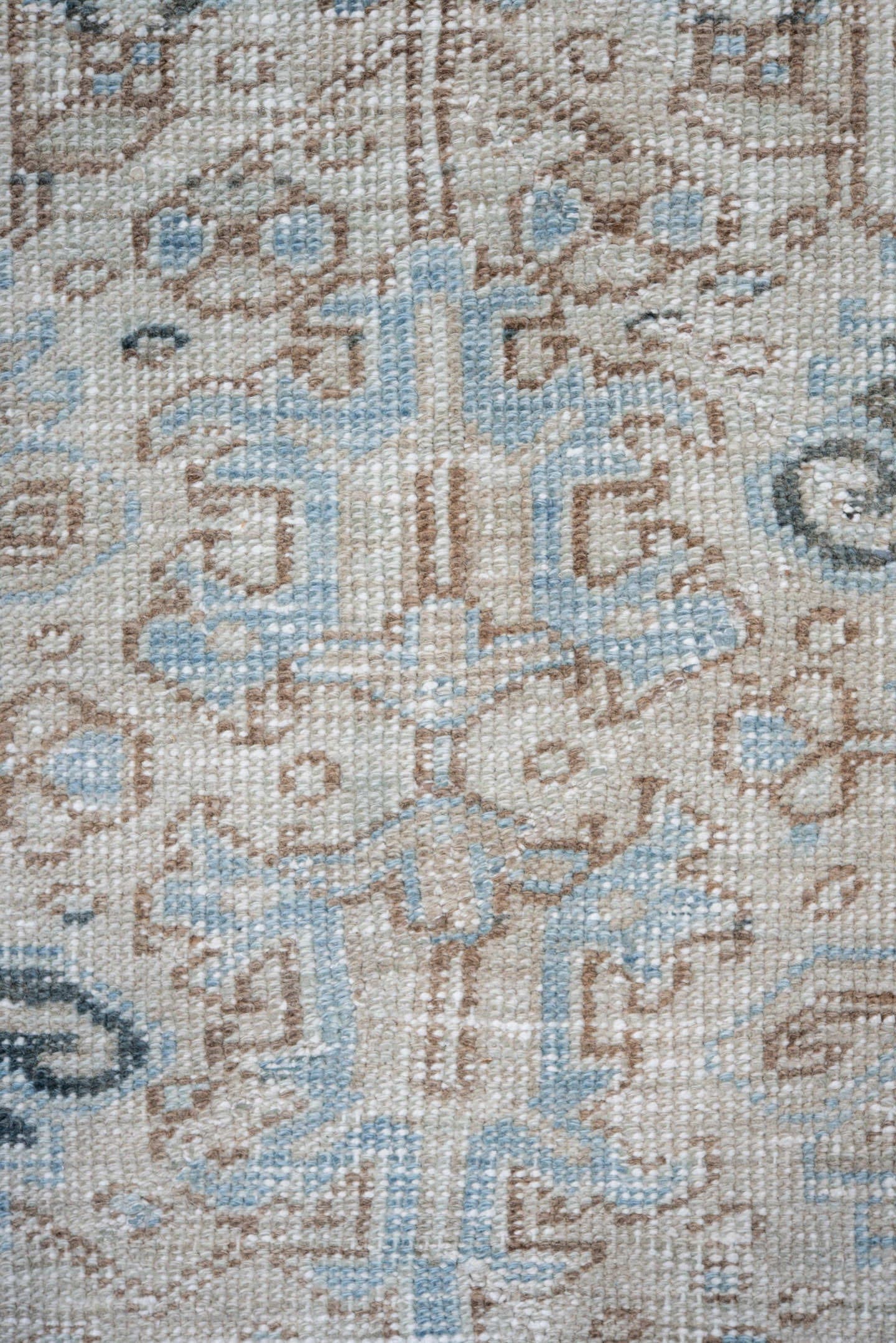 7' x 11' one-of-a-kind handmade vintage Heriz large size rug. Color palette: ivory, pale blue, taupe, slate, cream