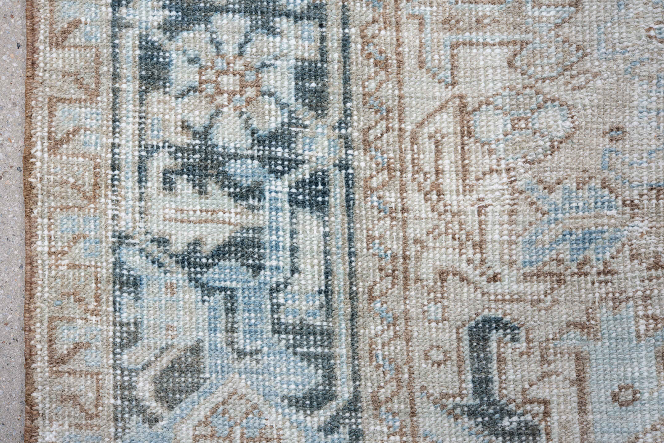 7' x 11' one-of-a-kind handmade vintage Heriz large size rug. Color palette: ivory, pale blue, taupe, slate, cream