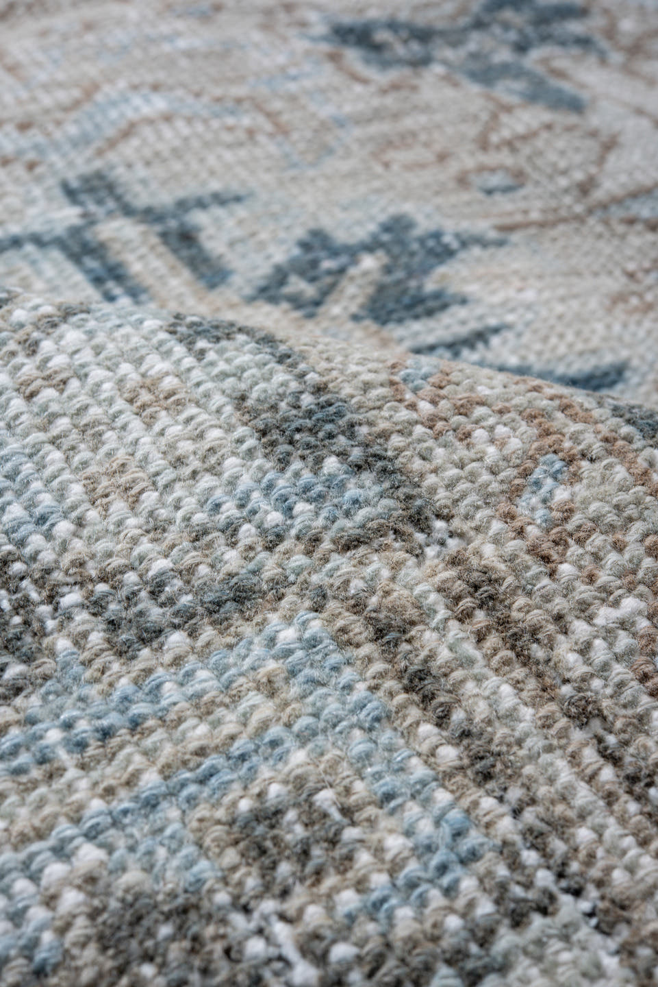 7' x 11' one-of-a-kind handmade vintage Heriz large size rug. Color palette: ivory, pale blue, taupe, slate, cream
