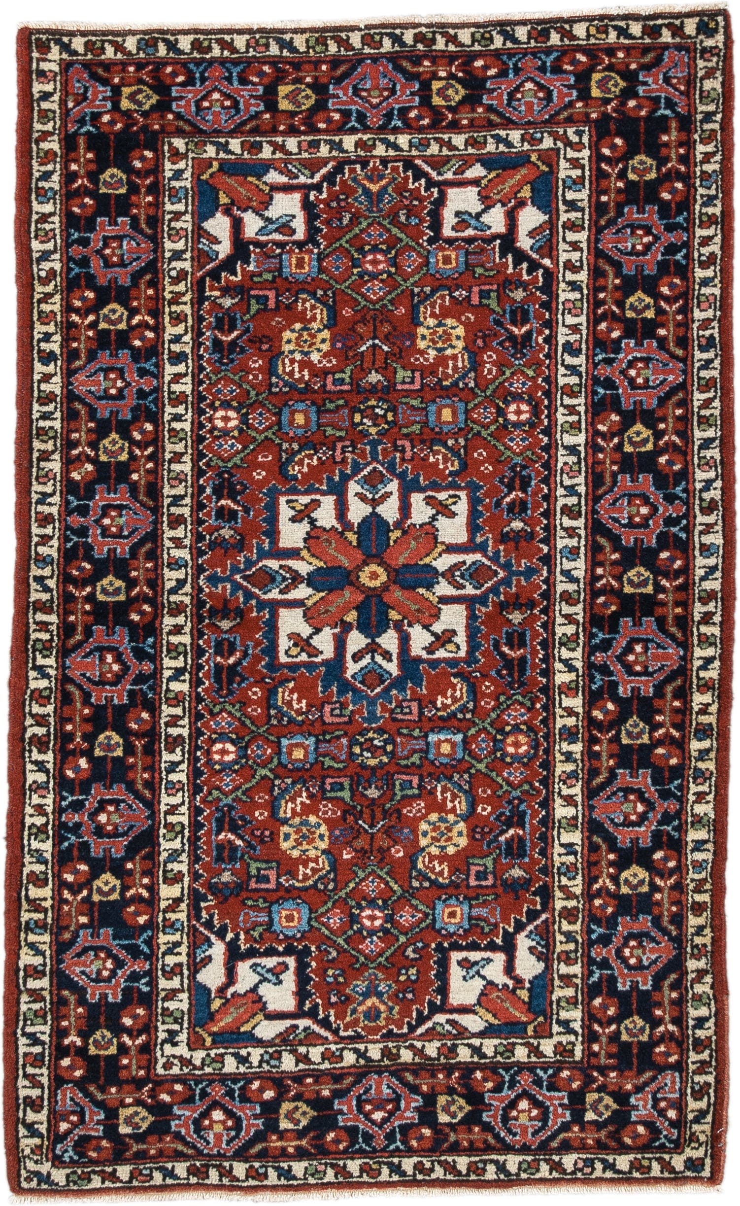 2' x 4' one-of-a-kind handmade antique Hamadan small size rug. Color palette: rust, navy, ivory, sky_blue, brick, gold, sage