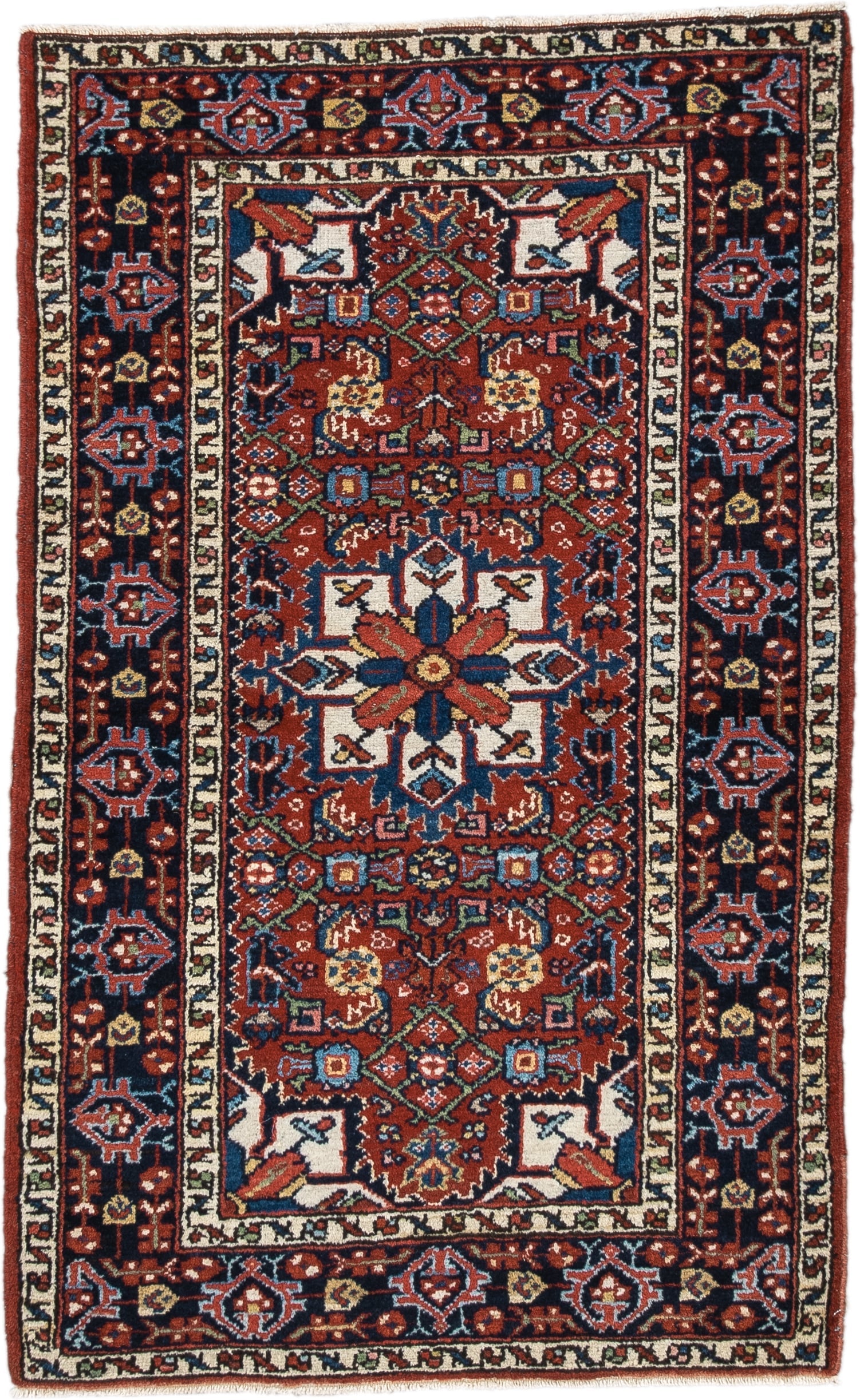 2' x 4' one-of-a-kind handmade antique Hamadan small size rug. Color palette: rust, navy, ivory, sky_blue, brick, gold, sage
