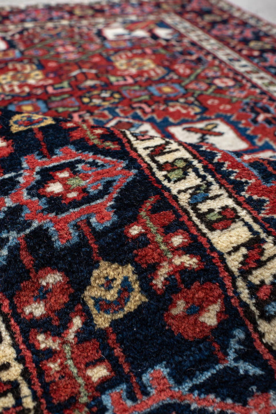 2' x 4' one-of-a-kind handmade antique Hamadan small size rug. Color palette: rust, navy, ivory, sky_blue, brick, gold, sage