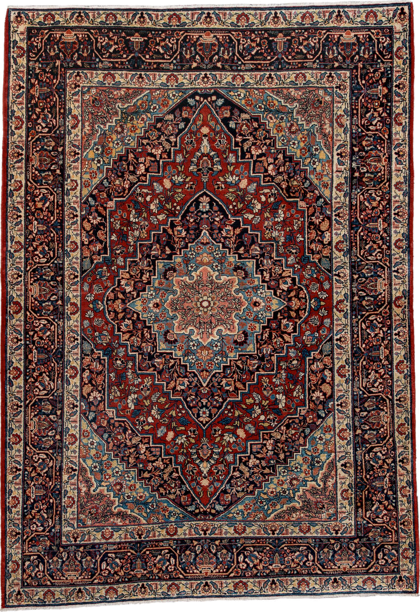 4' x 5' one-of-a-kind handmade antique Kashan small size rug. Color palette: navy, rust, ivory, sky_blue, rose, camel