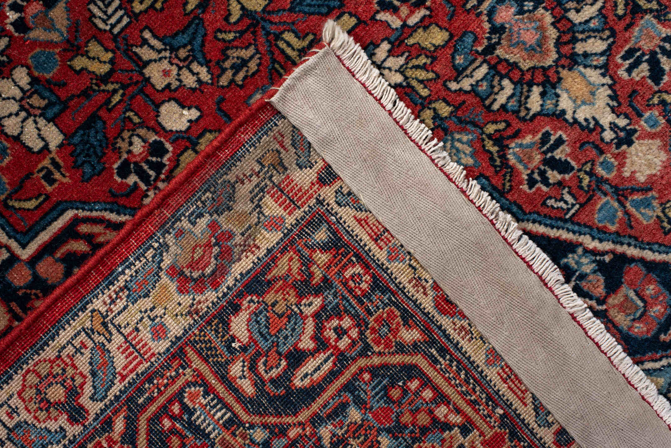 4' x 5' one-of-a-kind handmade antique Kashan small size rug. Color palette: navy, rust, ivory, sky_blue, rose, camel