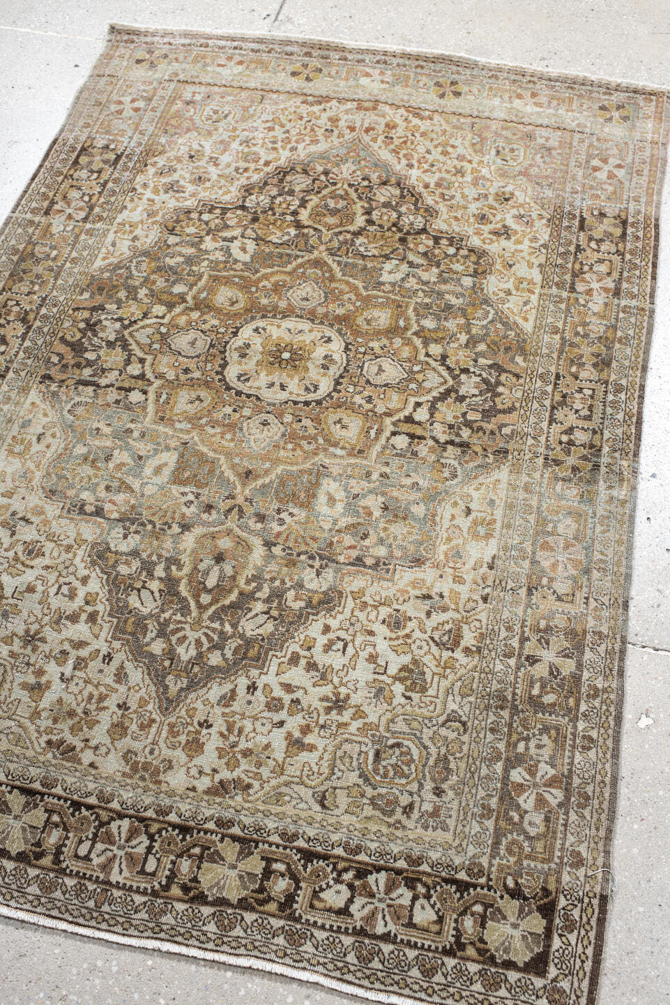 3' x 4' one-of-a-kind handmade vintage Tabriz small size rug. Color palette: ivory, taupe, camel, charcoal, muted rose, sage