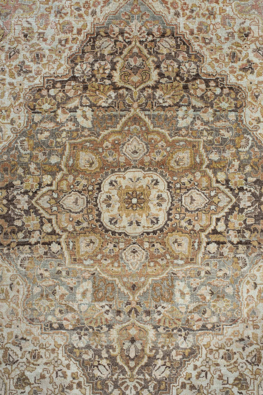 3' x 4' one-of-a-kind handmade vintage Tabriz small size rug. Color palette: ivory, taupe, camel, charcoal, muted rose, sage
