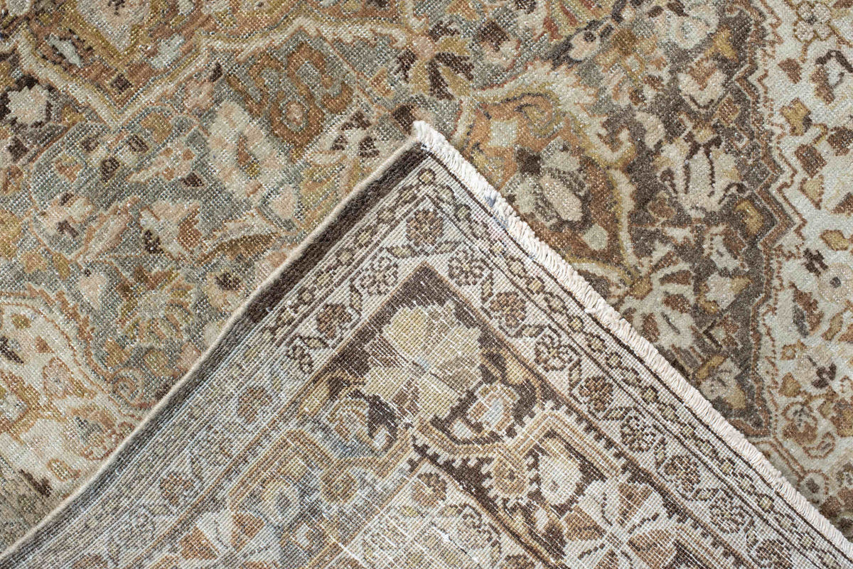 3' x 4' one-of-a-kind handmade vintage Tabriz small size rug. Color palette: ivory, taupe, camel, charcoal, muted rose, sage