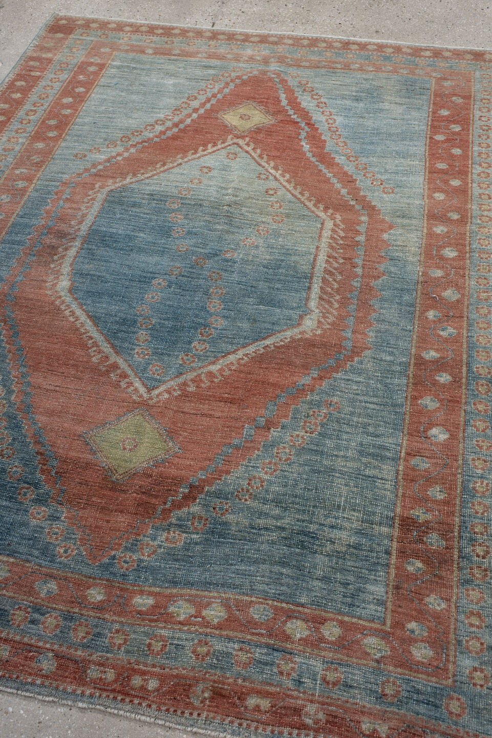 5' x 6' one-of-a-kind handmade antique Gabbe rug. Color palette: blue, terra cotta, ivory, sage, slate, terracotta, brown
