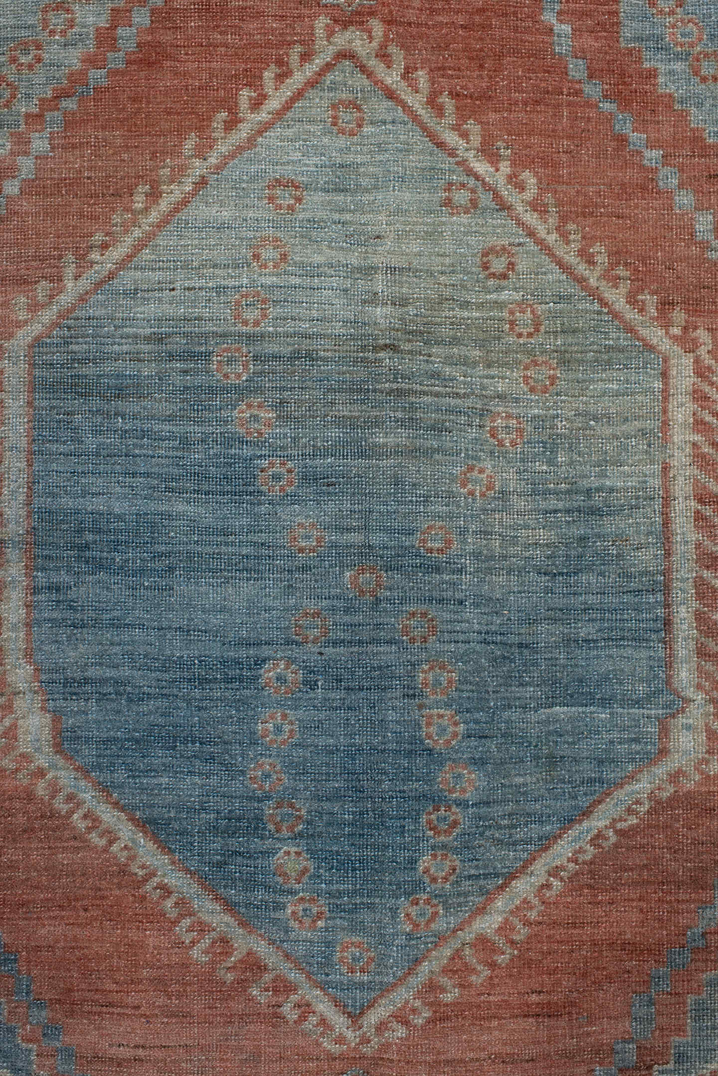 5' x 6' one-of-a-kind handmade antique Gabbe rug. Color palette: blue, terra cotta, ivory, sage, slate, terracotta, brown