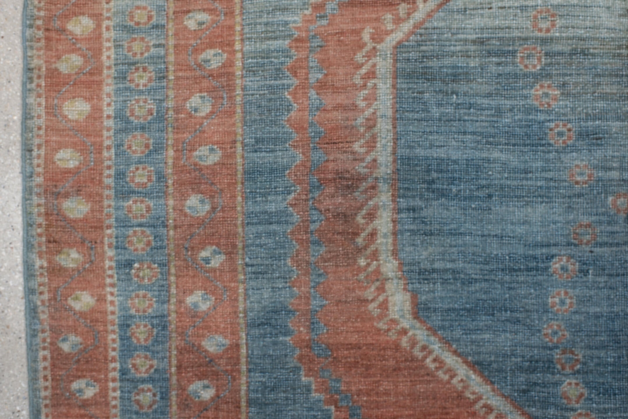 5' x 6' one-of-a-kind handmade antique Gabbe rug. Color palette: blue, terra cotta, ivory, sage, slate, terracotta, brown