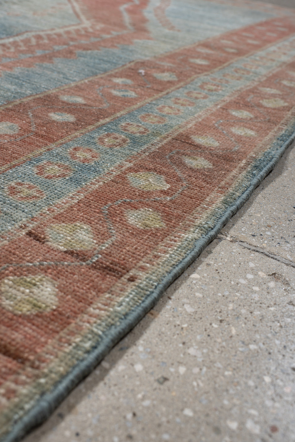 5' x 6' one-of-a-kind handmade antique Gabbe rug. Color palette: blue, terra cotta, ivory, sage, slate, terracotta, brown
