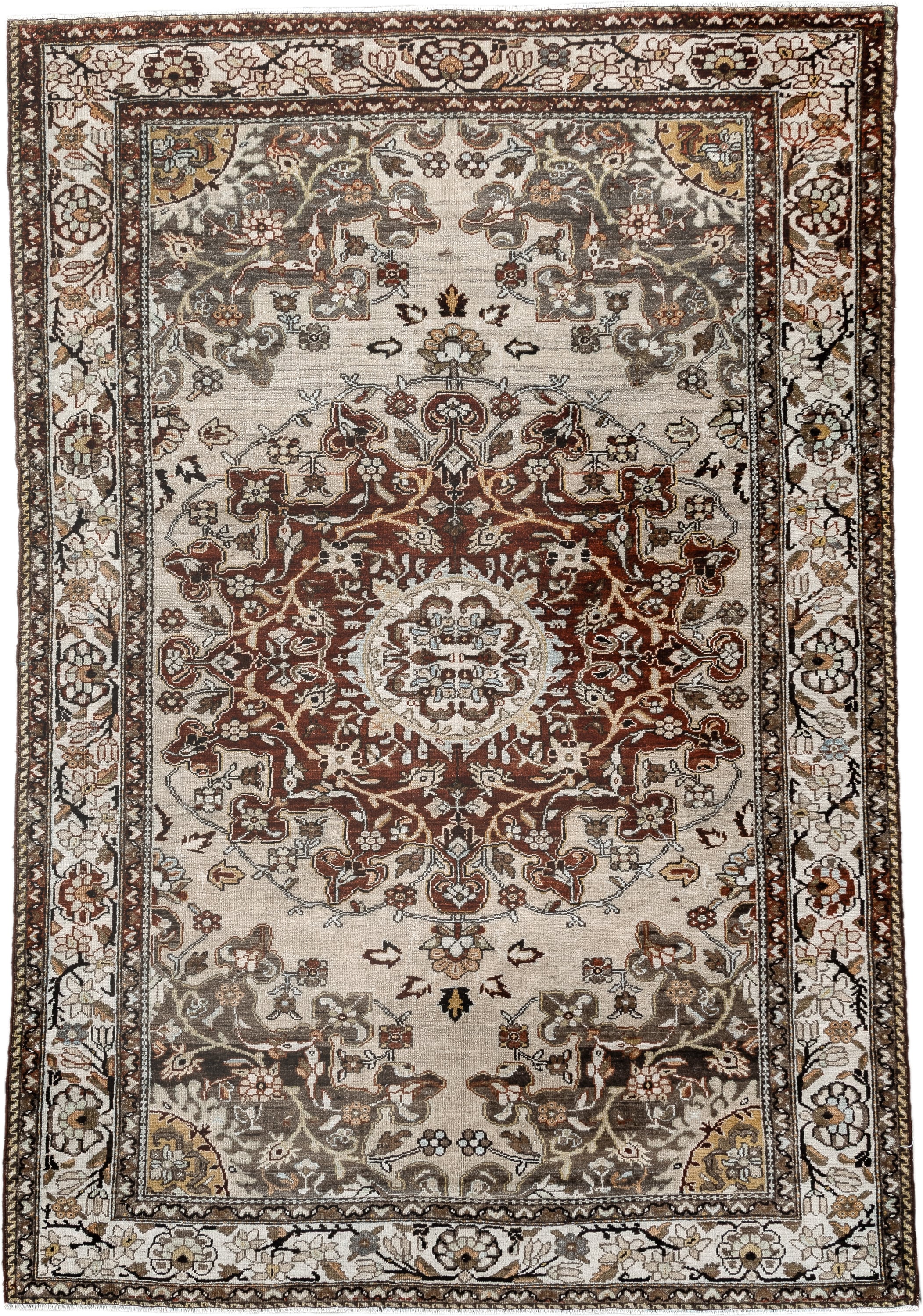 4' x 6' one-of-a-kind handmade vintage Malayer small size rug. Color palette: ivory, rust, taupe, charcoal, brown, gold