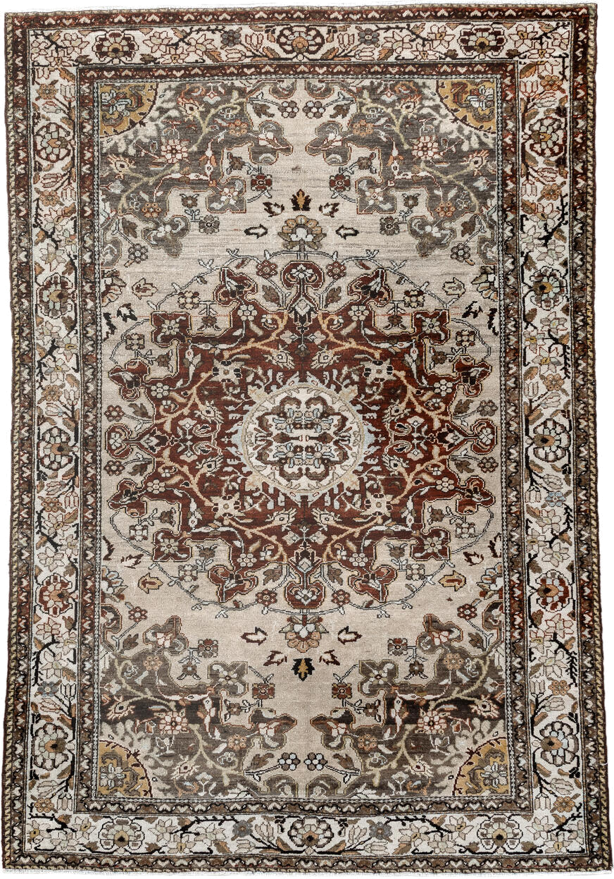 4' x 6' one-of-a-kind handmade vintage Malayer small size rug. Color palette: ivory, rust, taupe, charcoal, brown, gold