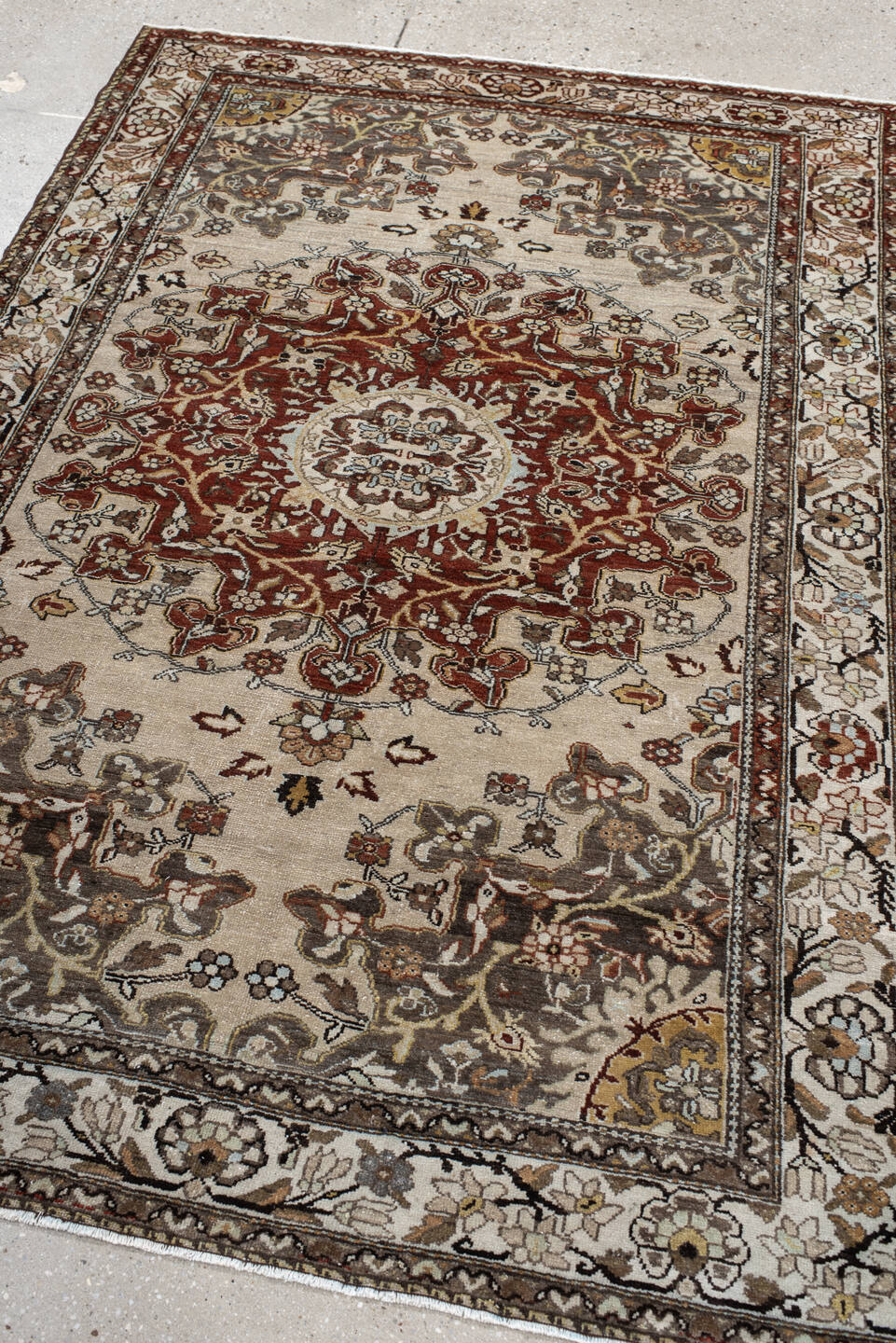 4' x 6' one-of-a-kind handmade vintage Malayer small size rug. Color palette: ivory, rust, taupe, charcoal, brown, gold