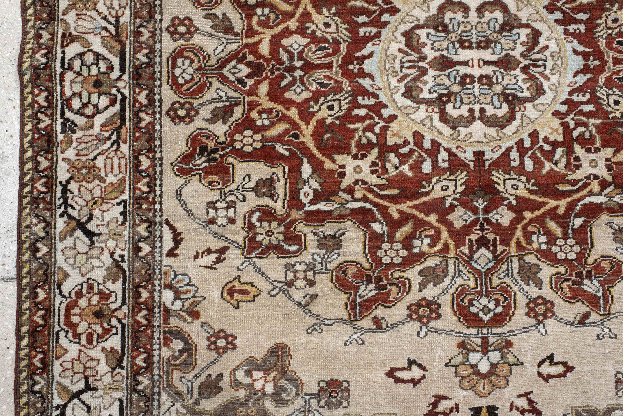 4' x 6' one-of-a-kind handmade vintage Malayer small size rug. Color palette: ivory, rust, taupe, charcoal, brown, gold