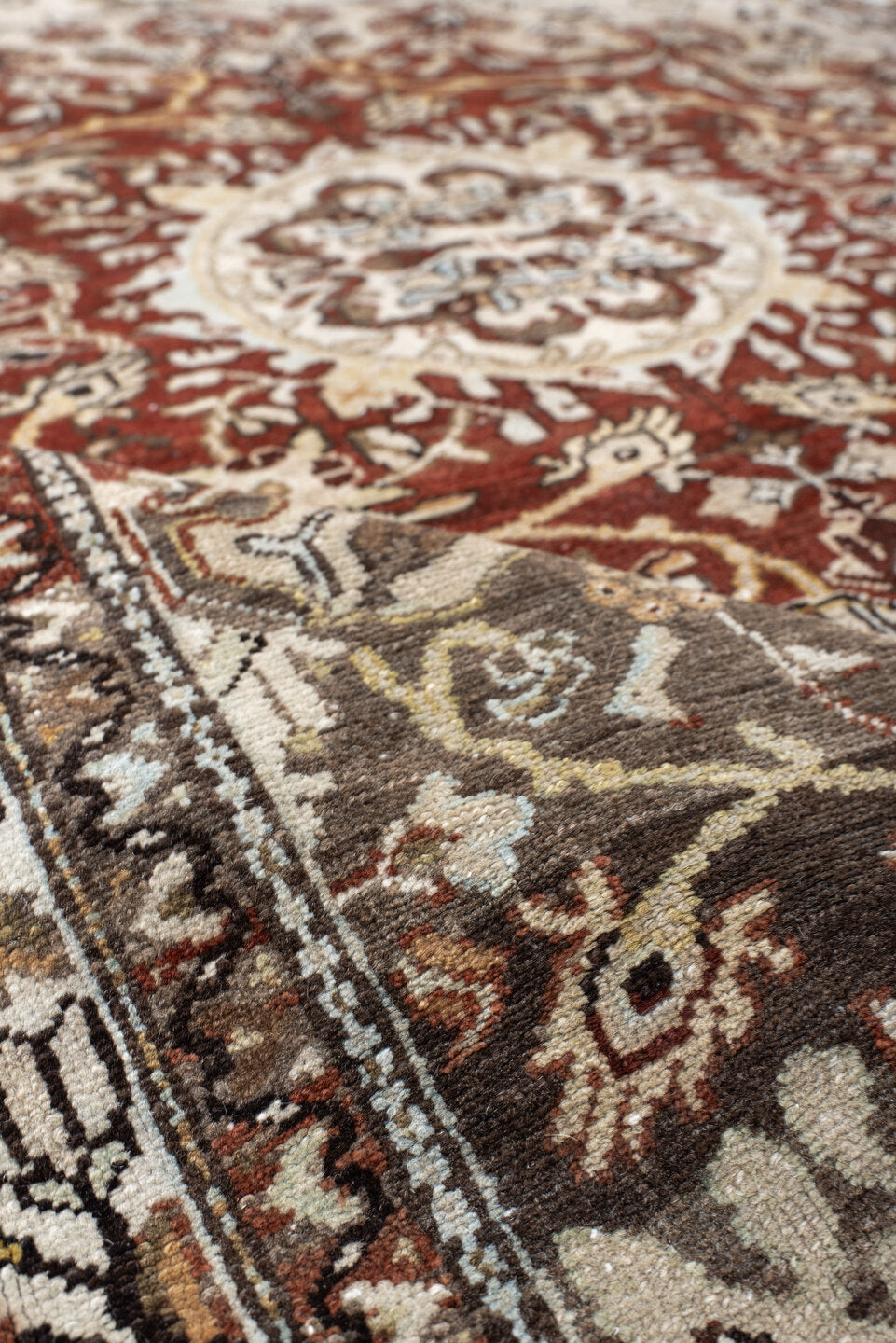 4' x 6' one-of-a-kind handmade vintage Malayer small size rug. Color palette: ivory, rust, taupe, charcoal, brown, gold