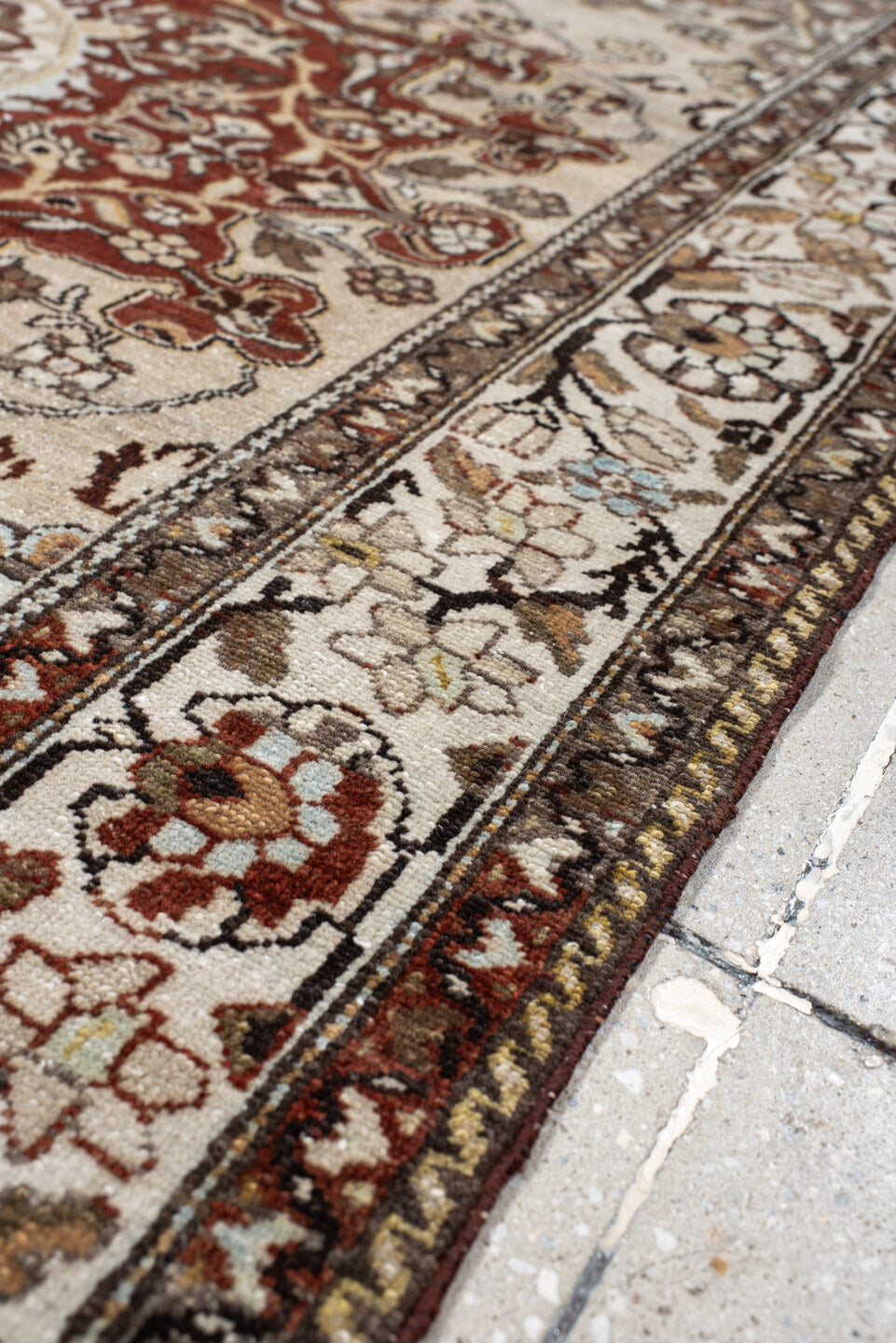 4' x 6' one-of-a-kind handmade vintage Malayer small size rug. Color palette: ivory, rust, taupe, charcoal, brown, gold
