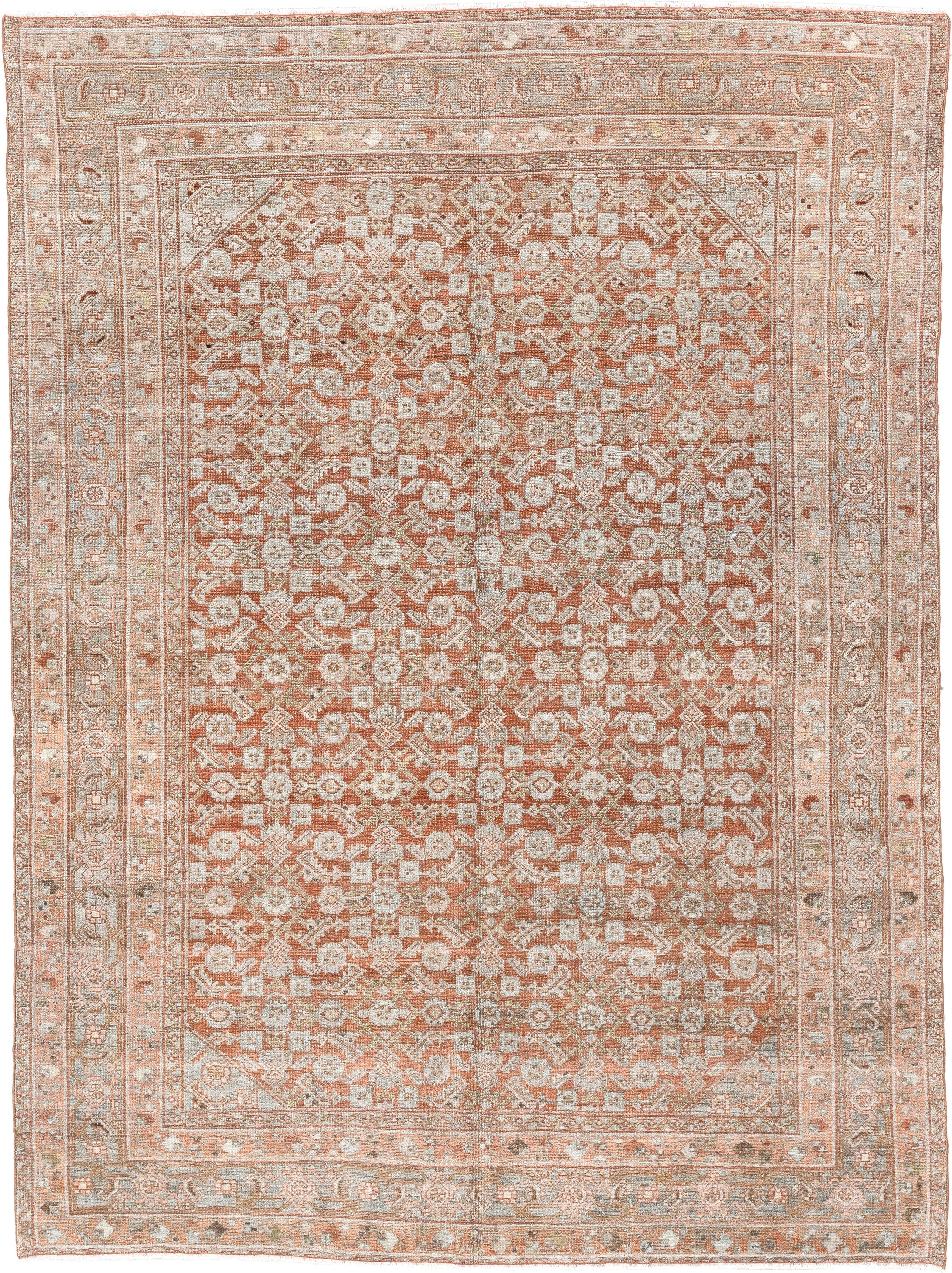 4' x 6' one-of-a-kind handmade antique Senne small size rug. Color palette: terra cotta, ivory, sage, taupe, camel, brown