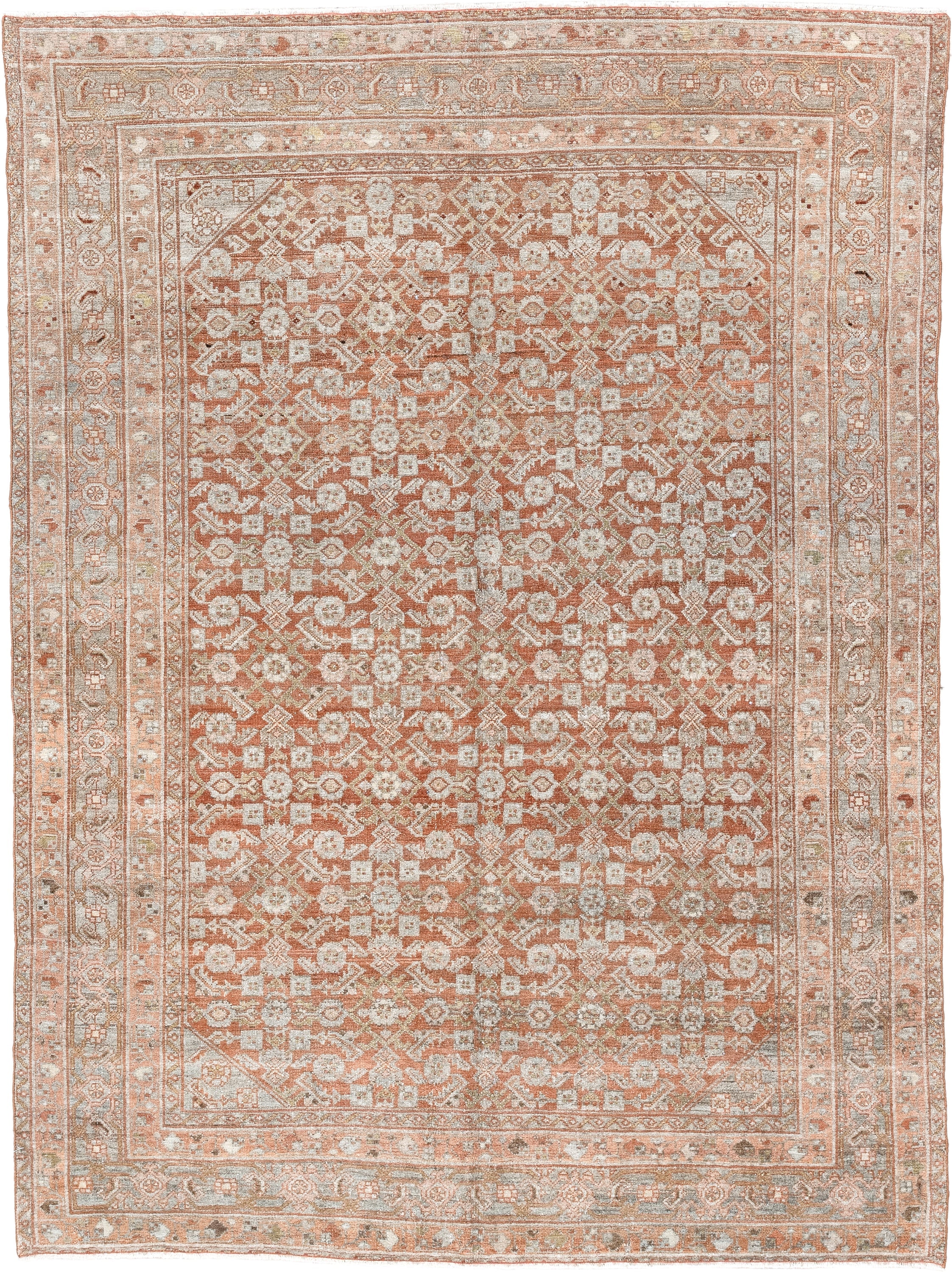 4' x 6' one-of-a-kind handmade antique Senne small size rug. Color palette: terra cotta, ivory, sage, taupe, camel, brown