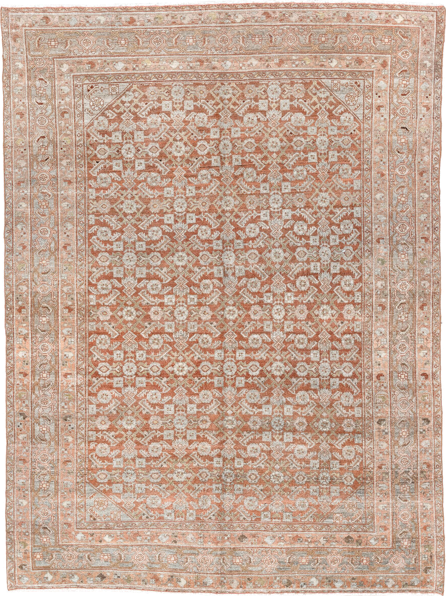 4' x 6' one-of-a-kind handmade vintage Senne small size rug. Color palette: brown, gray, light gray, off-white, orange, pink