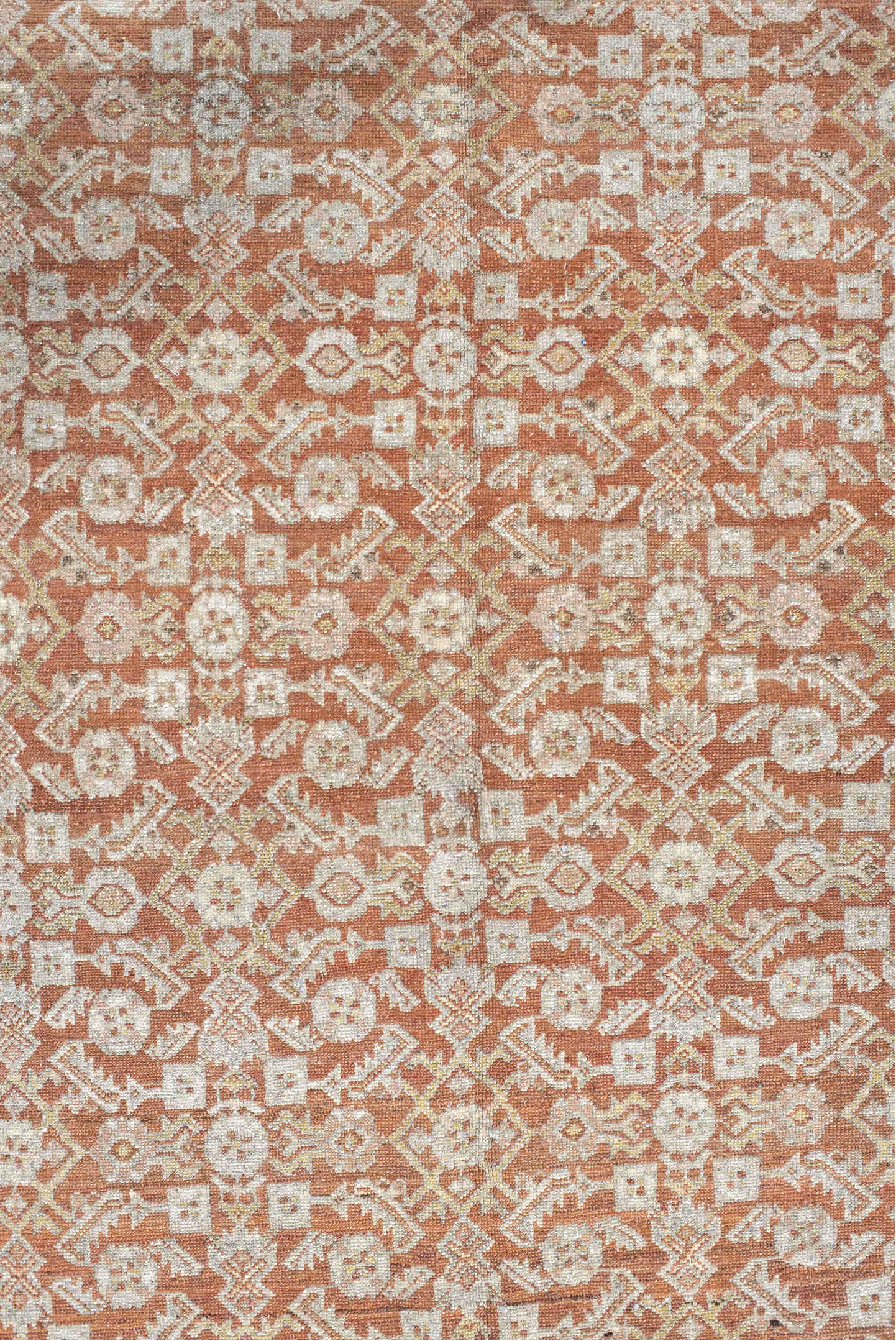 4' x 6' one-of-a-kind handmade vintage Senne small size rug. Color palette: brown, gray, light gray, off-white, orange, pink