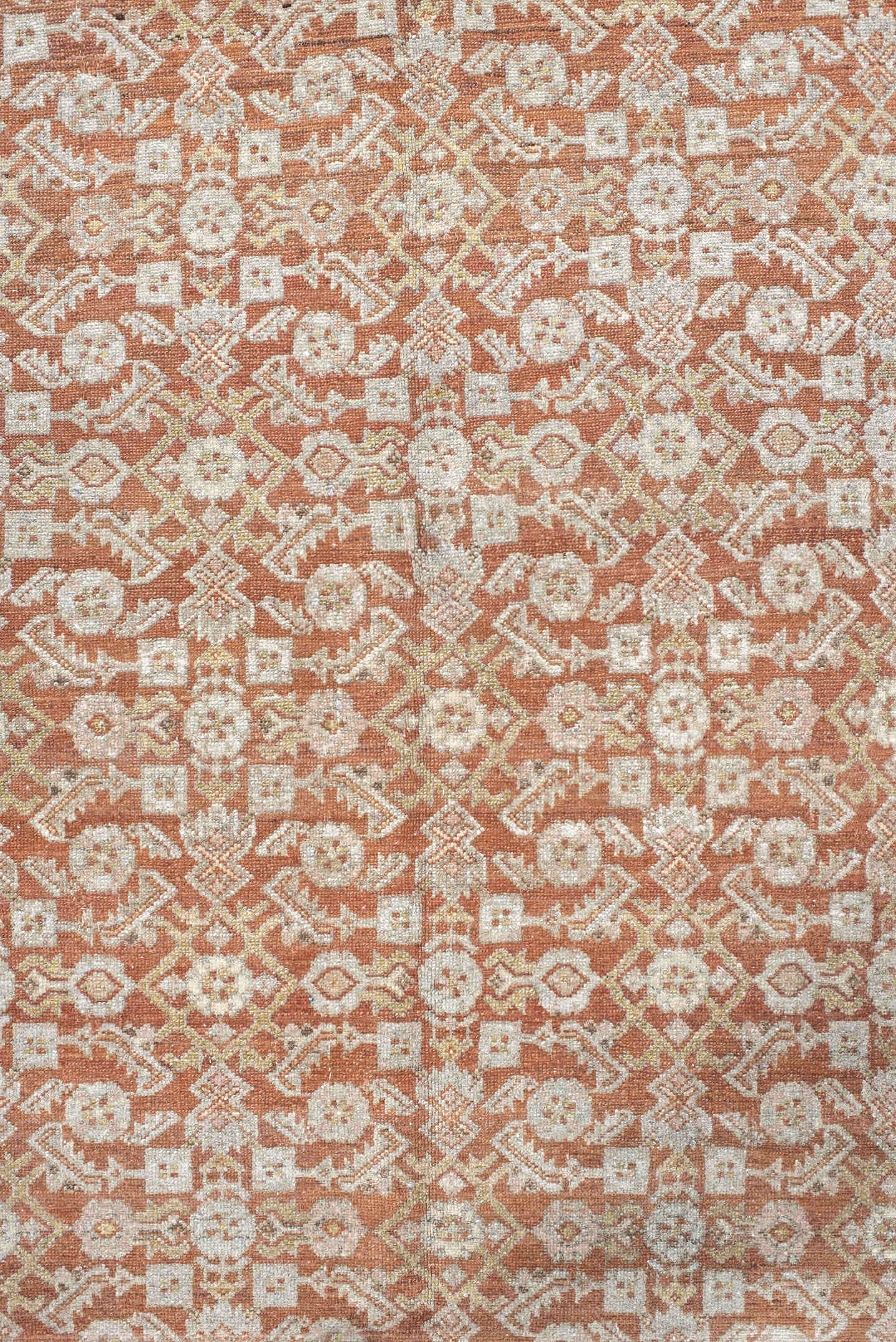 4' x 6' one-of-a-kind handmade antique Senne small size rug. Color palette: terra cotta, ivory, sage, taupe, camel, brown