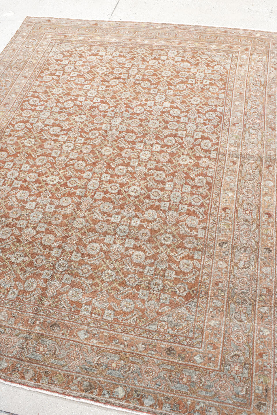 4' x 6' one-of-a-kind handmade antique Senne small size rug. Color palette: terra cotta, ivory, sage, taupe, camel, brown