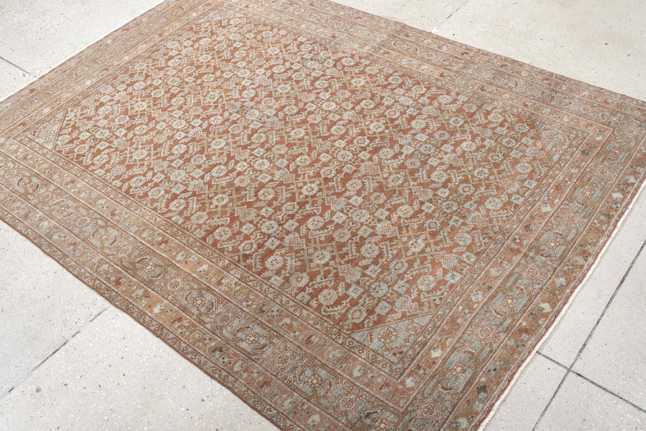 4' x 6' one-of-a-kind handmade antique Senne small size rug. Color palette: terra cotta, ivory, sage, taupe, camel, brown