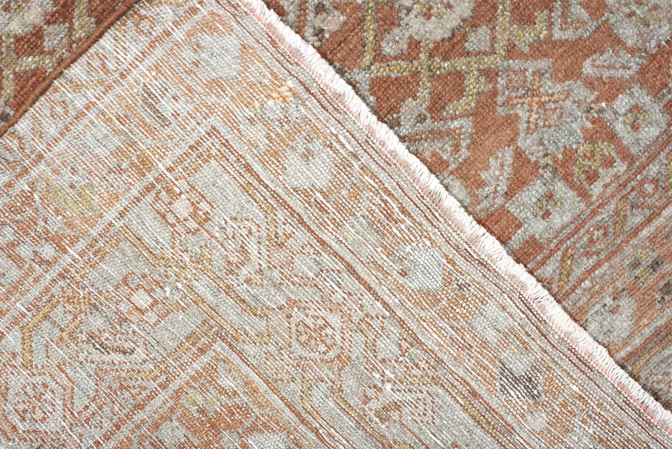 4' x 6' one-of-a-kind handmade antique Senne small size rug. Color palette: terra cotta, ivory, sage, taupe, camel, brown